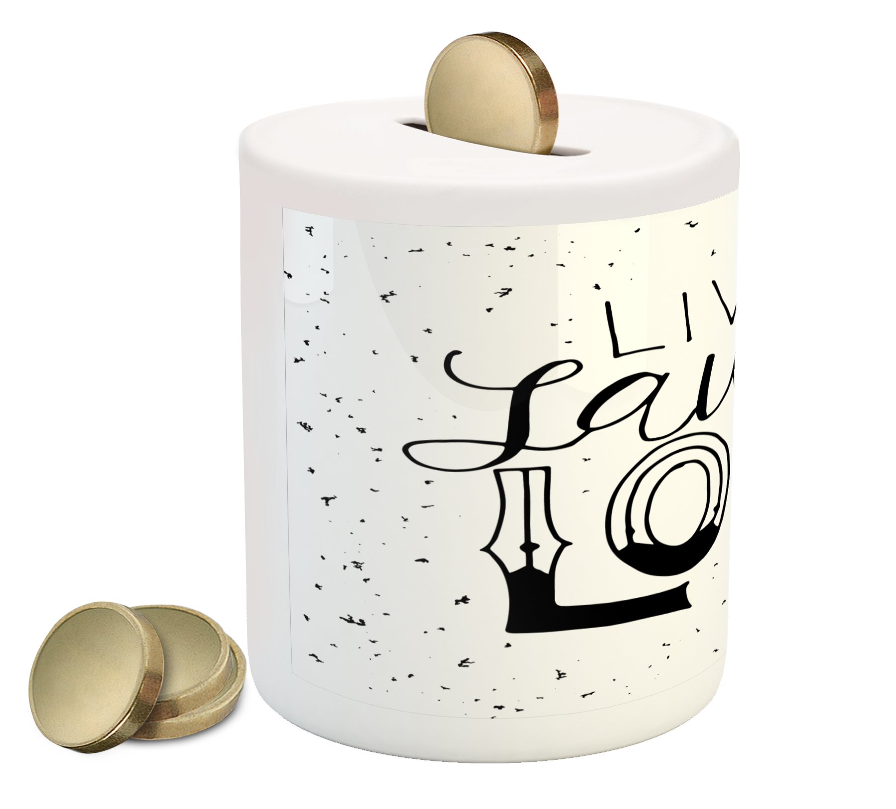 Ambesonne Live Laugh Love Ceramic Piggy Bank - Hand Drawn Typography Money Box for Cash Savings, Black & White Design - Perfect for Teens Room Decor, Birthday Gifts & Financial Literacy Teaching