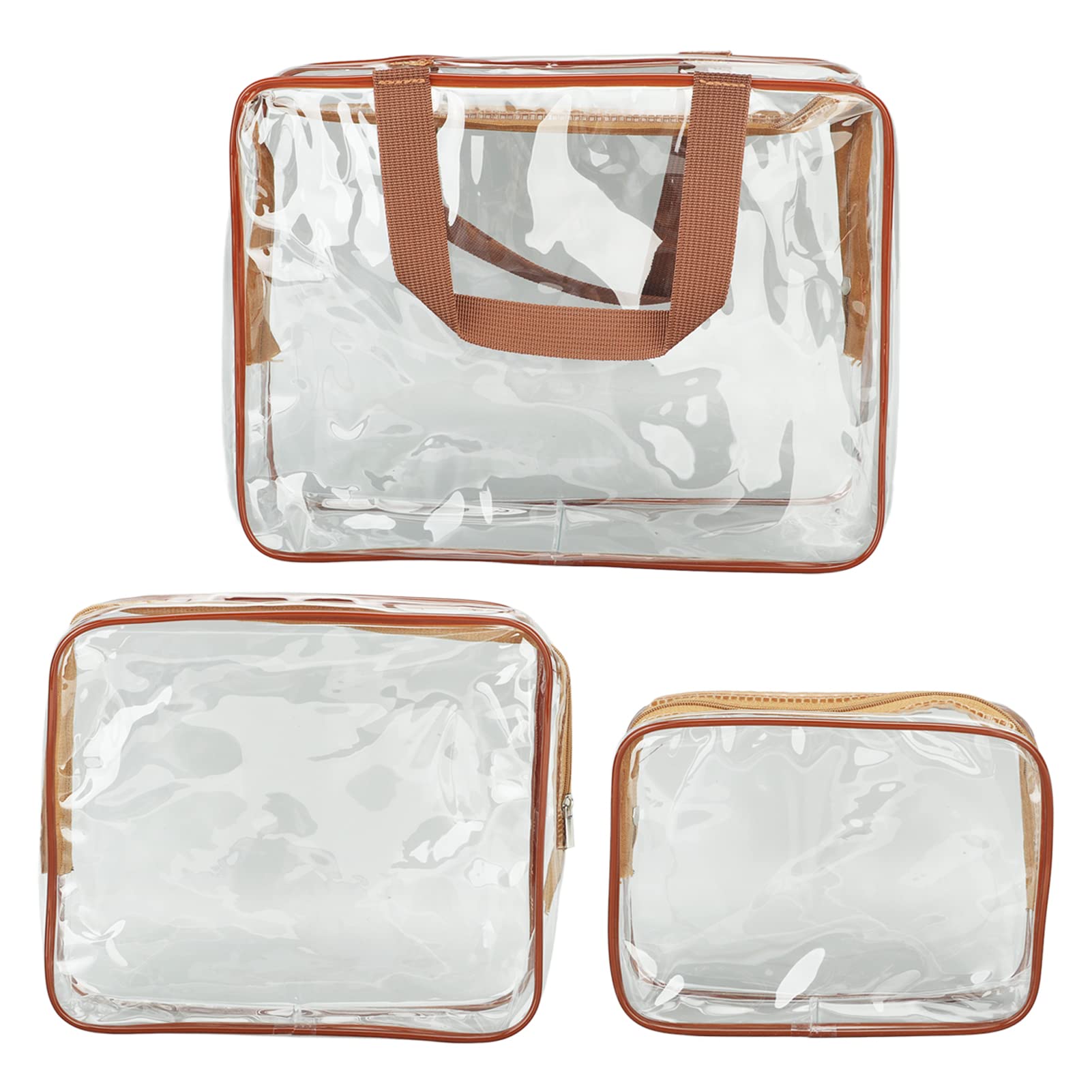 3-Piece Clear Travel Makeup Bags Set - Waterproof Large Capacity Cosmetic Organizer with Zipper Closure & Carrying Handle - Perfect for Swimming, Gym, Beach & Airplane TSA Compliance (Coffee)