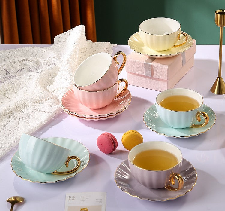 Elegant Macaron Ceramic Coffee Mugs & British Tea Cups Set - Creative Bone China Porcelain Tea Cup with Saucer - Perfect Birthday Gift for Tea Lovers - Ideal for Afternoon Tea, Coffee Break & Home Decor