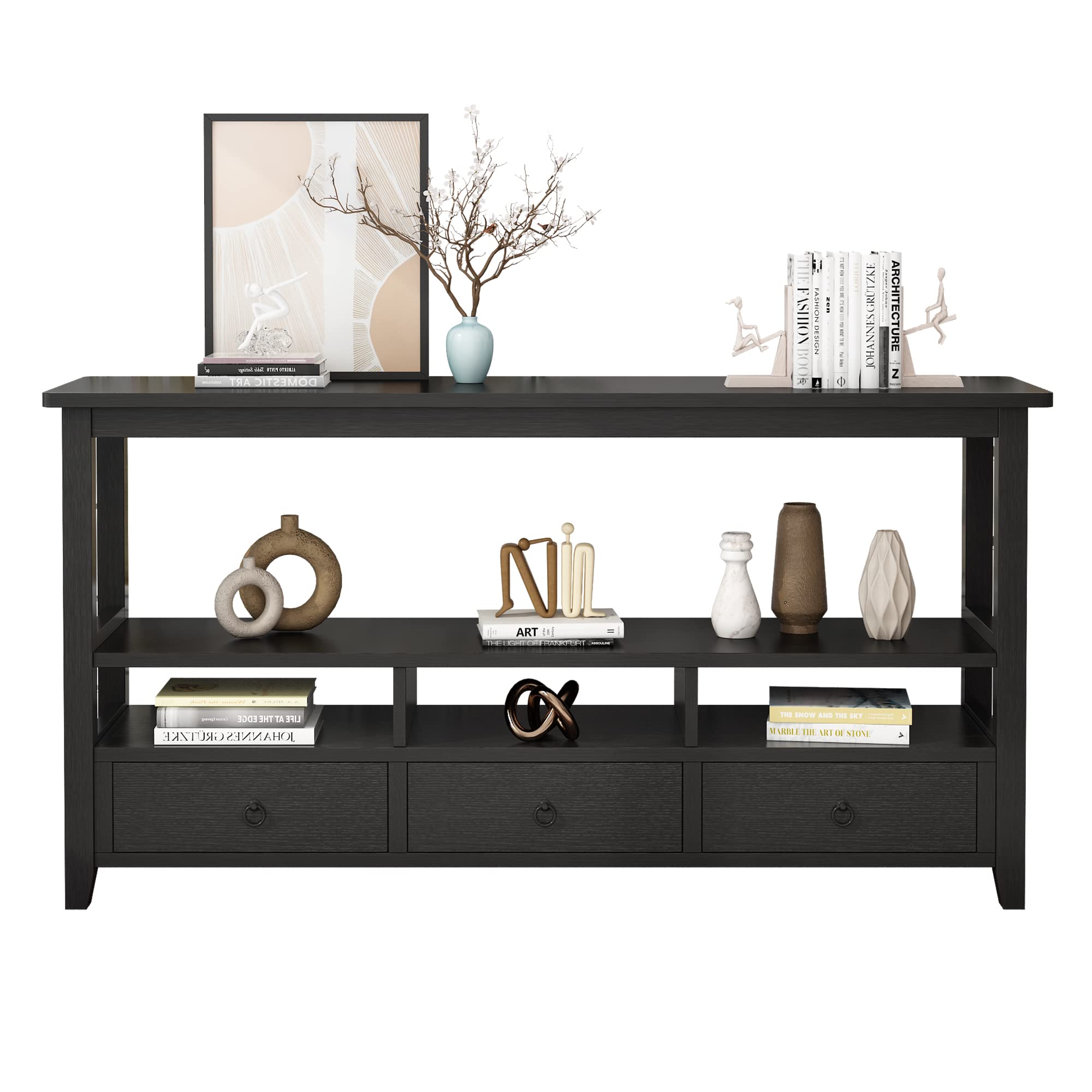 Vintage 3-Tier Industrial Console Table with 3 Drawers & Shelves - Solid Wood Entryway Sofa Table for Living Room, Bedroom, Office - Black | Perfect for Small Spaces, Hallway Storage & Coffee Table Alternative