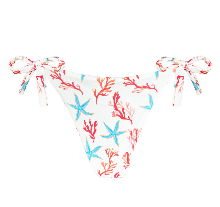 Brazilian Tie Side Scrunch Bikini Bottom - White Starfish Print - Perfect for Beach Vacations, Pool Parties & Summer Getaways