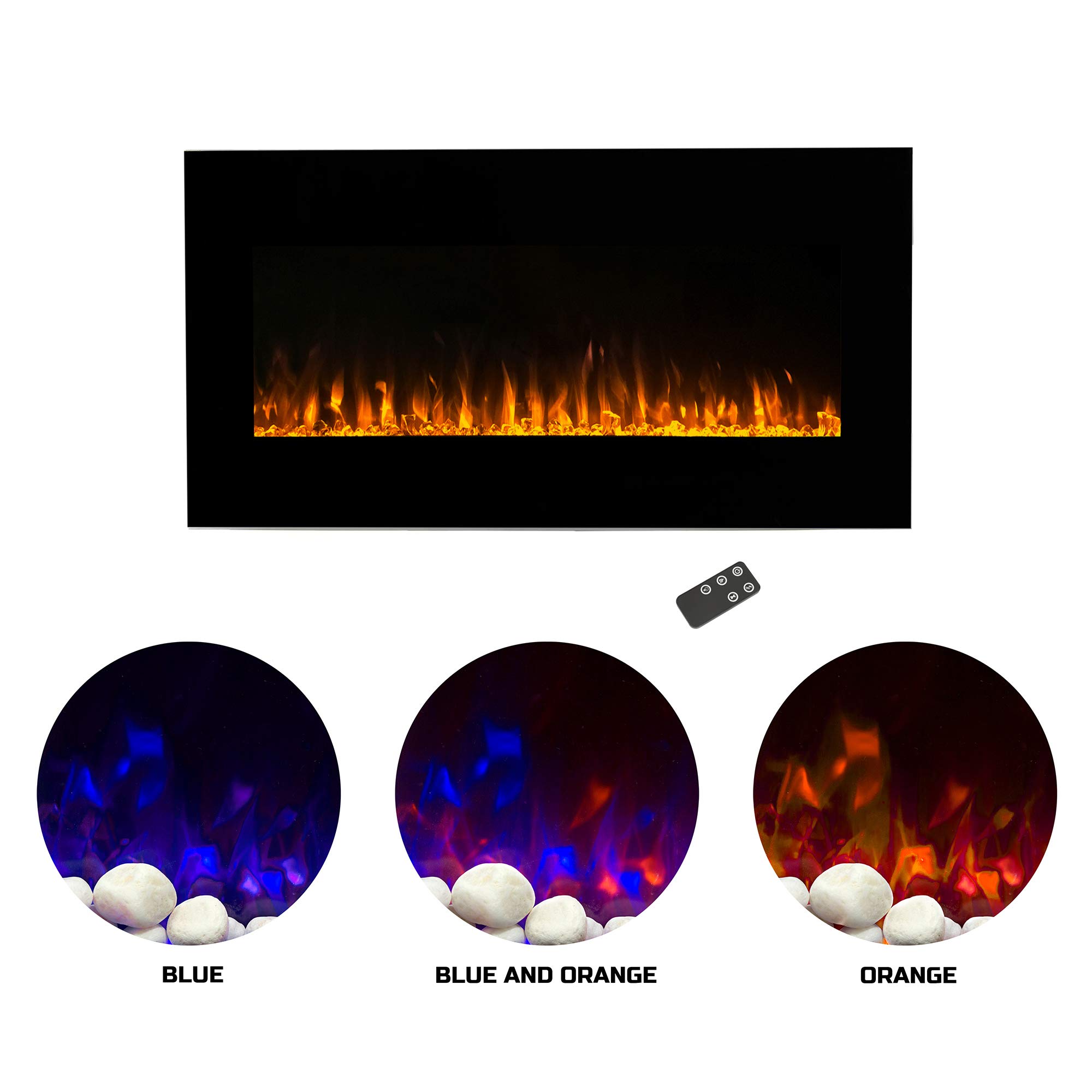 36 Inch Wall Mounted Electric Fireplace Heater with Remote Control - Adjustable LED Flames, Timer, Temperature & Brightness - Black - Perfect for Bedroom, Living Room & Office