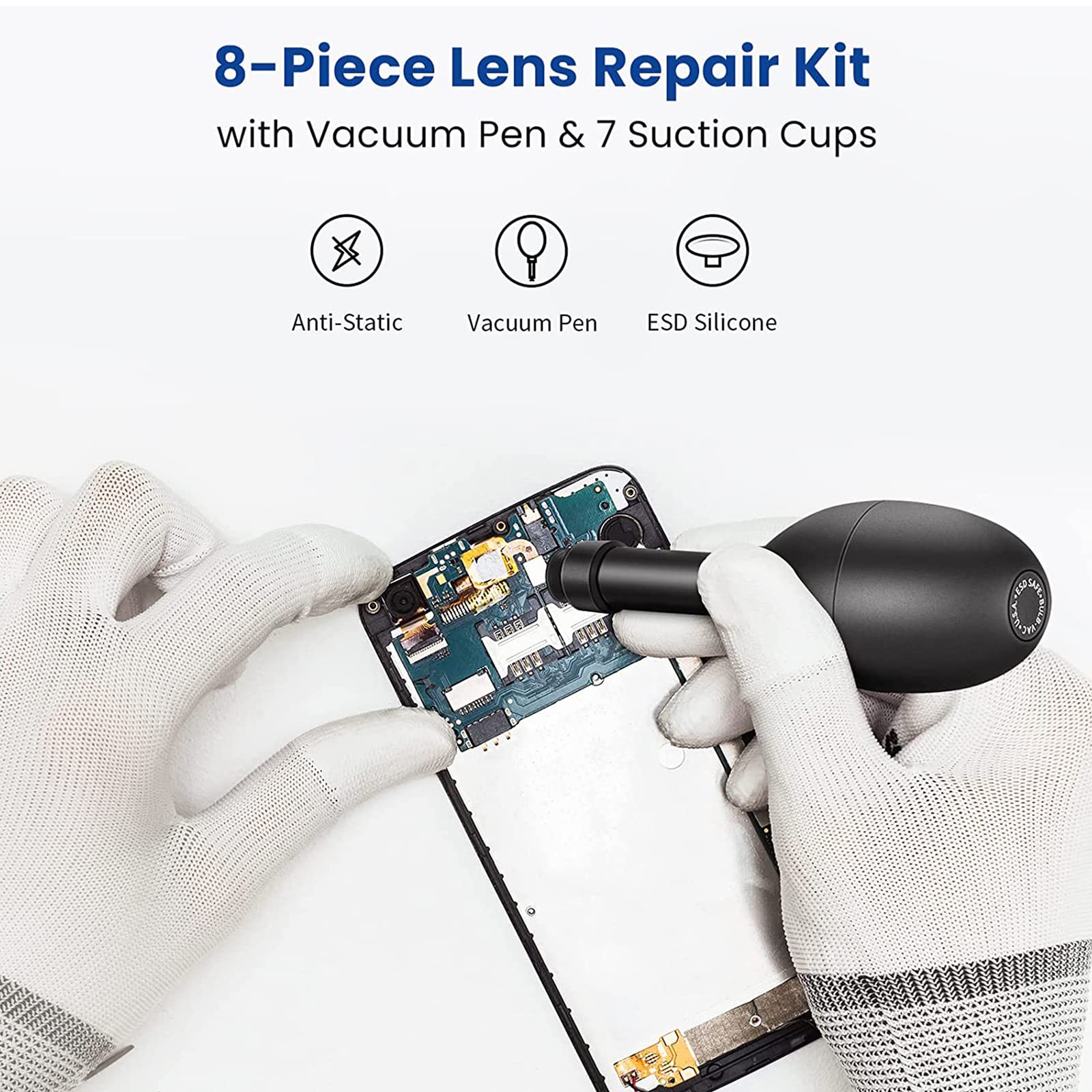 8-in-1 Lens Sucker Kit with 7 Interchangeable Strong Suction Cups - Manual Vacuum Suction Pen for Lens Repair, Watch & Electronics Cleaning - Perfect for Camera Lenses, Smartphone Screens & Small Parts Maintenance