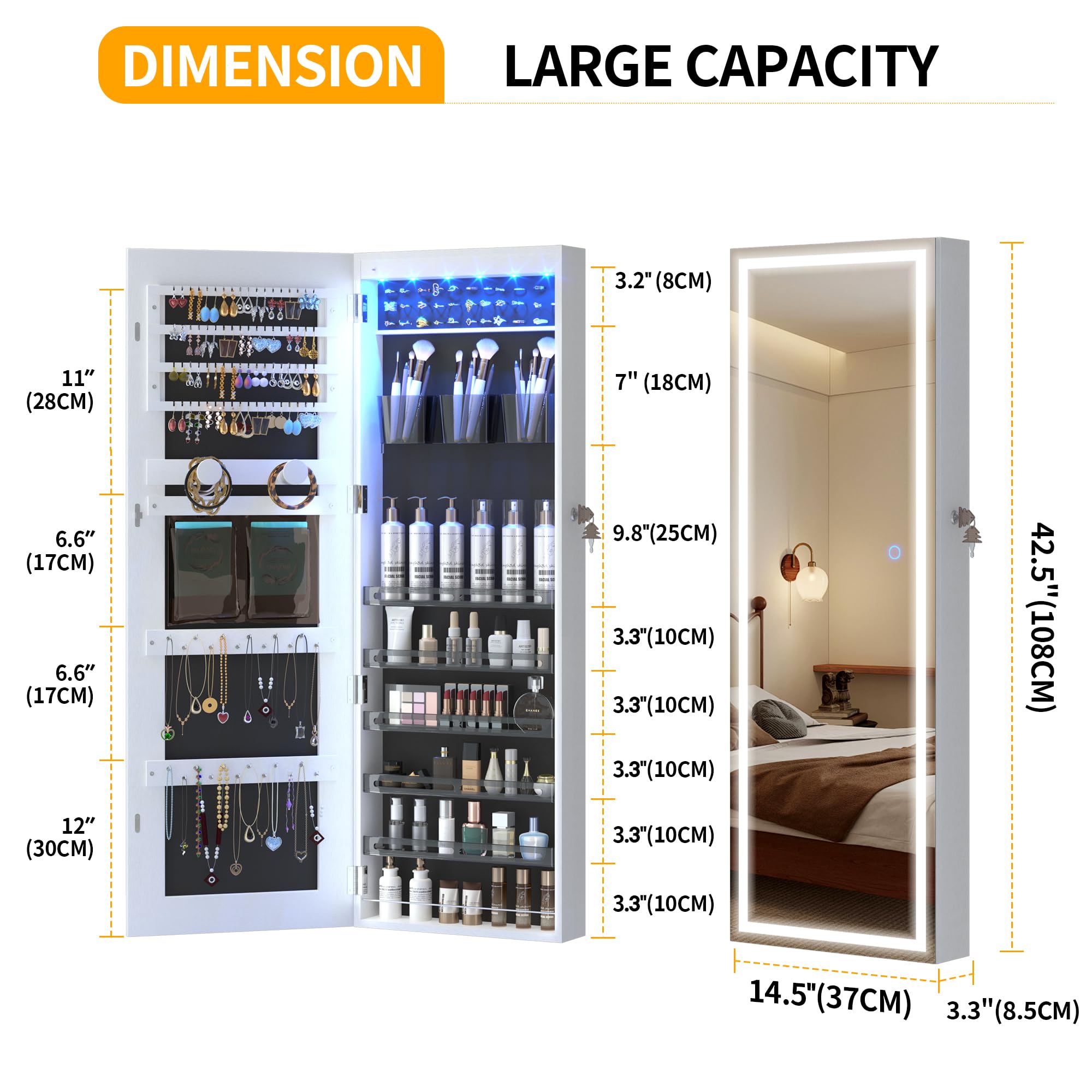 LVSOMT LED Mirror Jewelry Cabinet - Wall Mounted/Door Hanging Jewelry Organizer with Lights, Full Length Mirror & Storage - Over the Door Jewelry Armoire for Bedroom, Closet, Dressing Room (White)