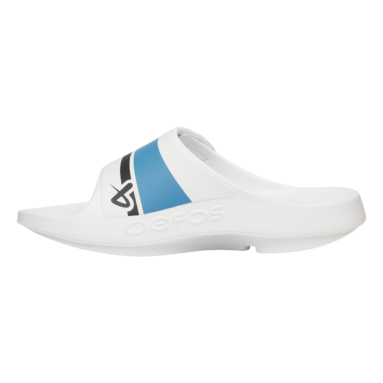 Bauer OOFOS Sport Flex Slide Senior Sandals - White/Blue - Comfortable Recovery Footwear for Athletes & Seniors - Perfect for Post-Workout, Walking & Everyday Wear