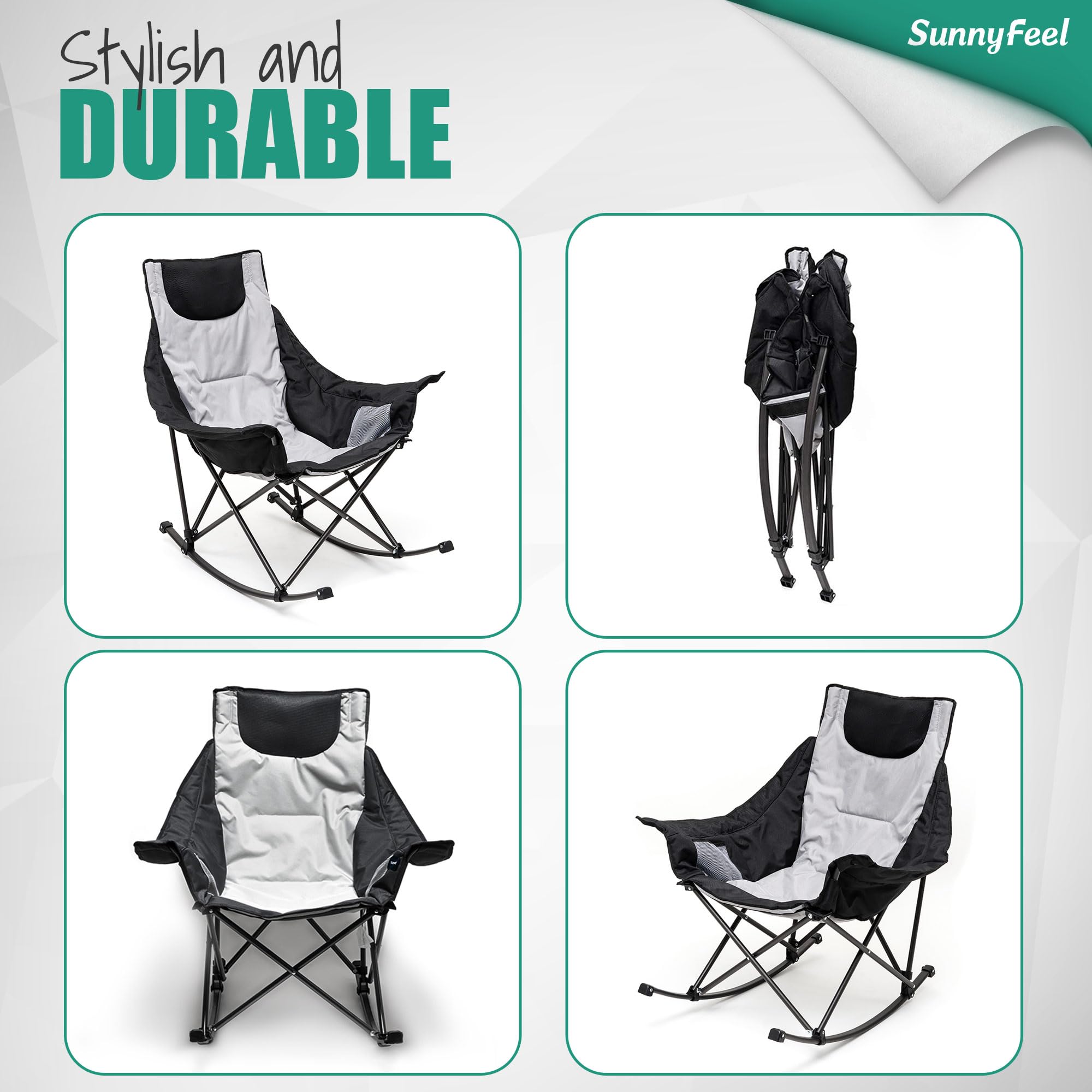 **SUNNYFEEL Oversized Rocking Camping Chair - Heavy Duty Padded Recliner with Pocket & Carry Bag - Portable Folding Lawn Chair for Outdoor, Picnic, Lounge, Patio - Perfect for Camping, Beach, Backyard Relaxation**
