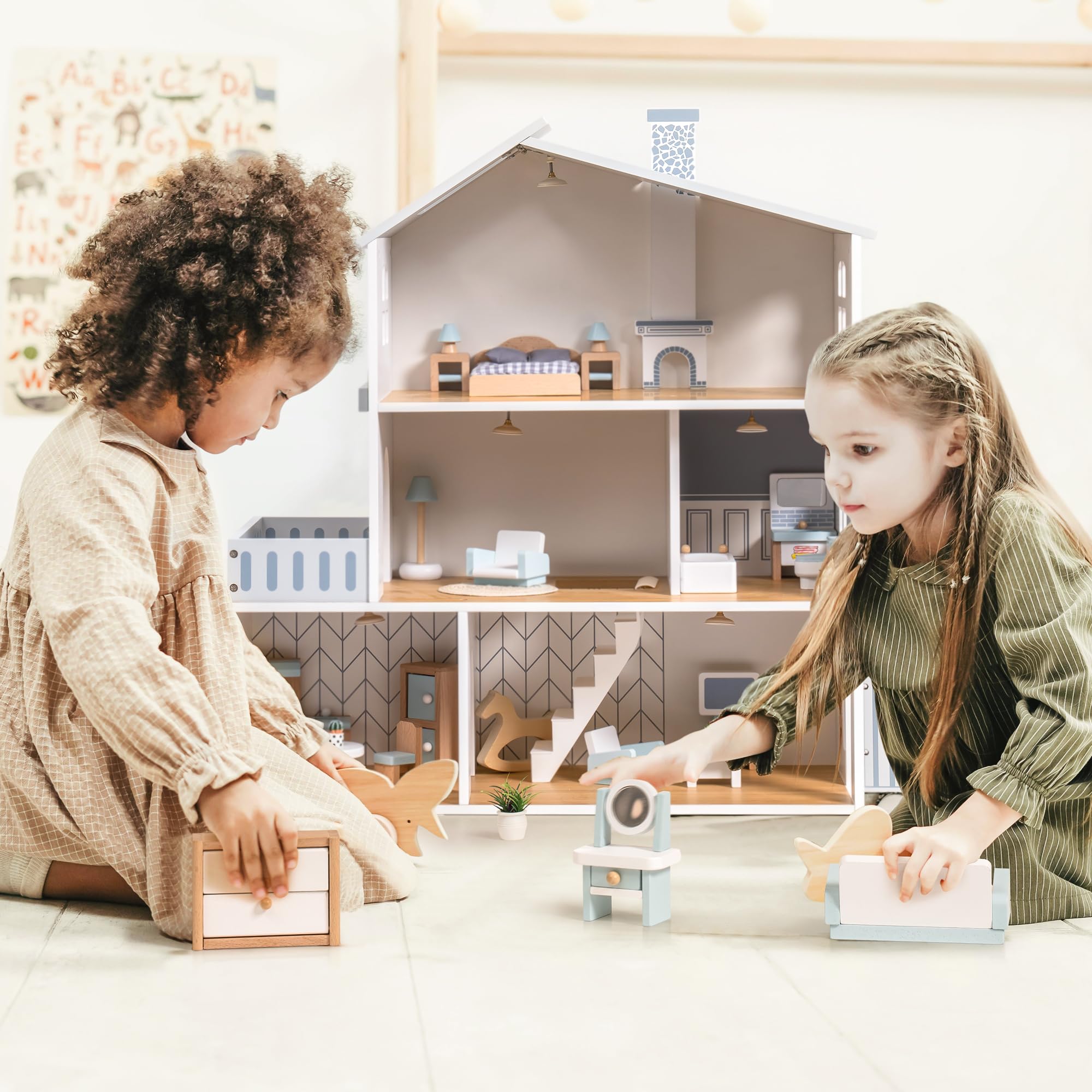 ROBOTIME Wooden Dollhouse with 29 Pieces of Furniture - 6 Room Miniature House for 4-6 Inch Dolls - Creative Gift for Kids Ages 3+ - Perfect for Pretend Play, Birthday Gifts & Home Decor