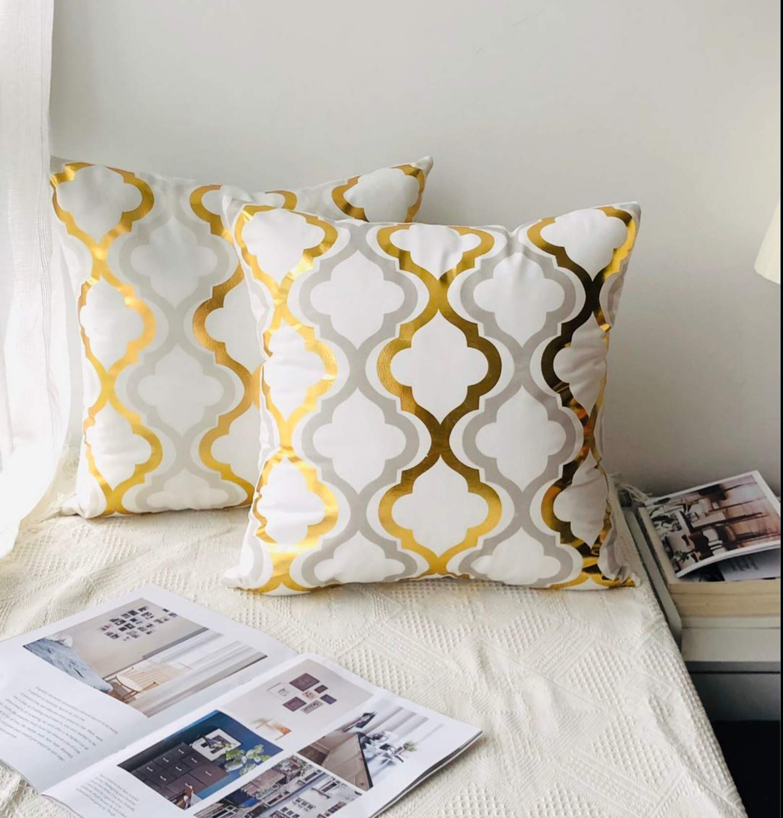 ZLINA Set of 4 18×18 Inch Gold Foil Geometric Throw Pillow Covers - Black White & Gold Square Cushion Covers for Sofa, Couch, Bedroom Decor | Perfect for Living Room, Home Styling and Gift Giving