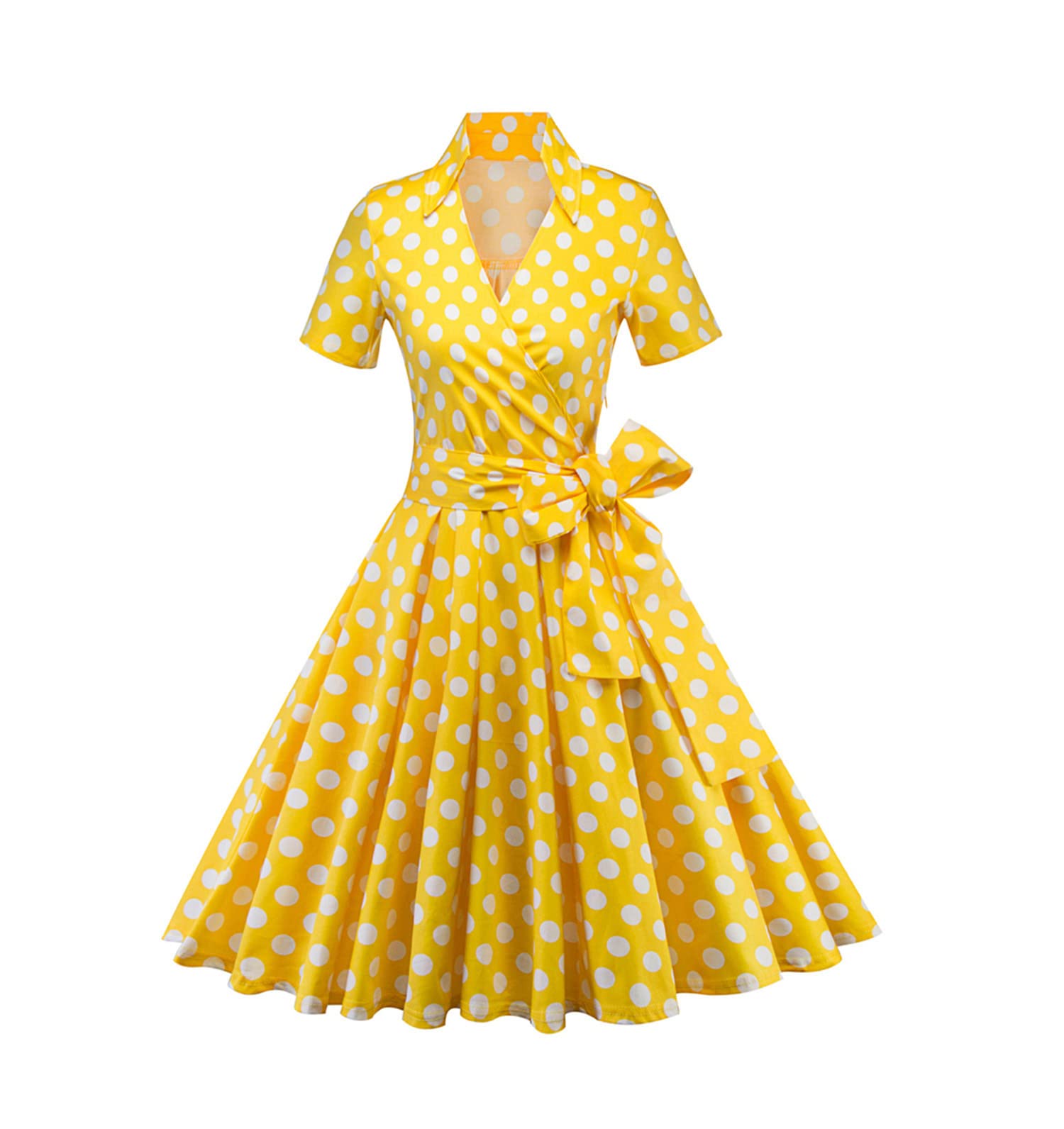 Vintage Polka Dot Women's Short Sleeve V-Neck Belted A-Line Summer Dress - Retro Party Dress for Women, Casual Day Out & Garden Tea Party