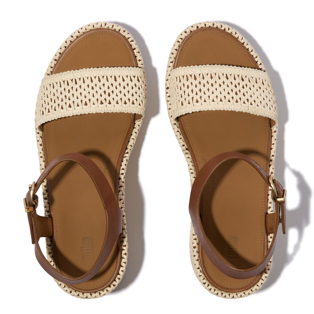 FitFlop Platfforms Woven Wedge Ankle Strap Sandals for Women - Comfortable Summer Walking Shoes in Deep Tan/Ivory - Perfect for Beach, Vacation & Casual Outfits