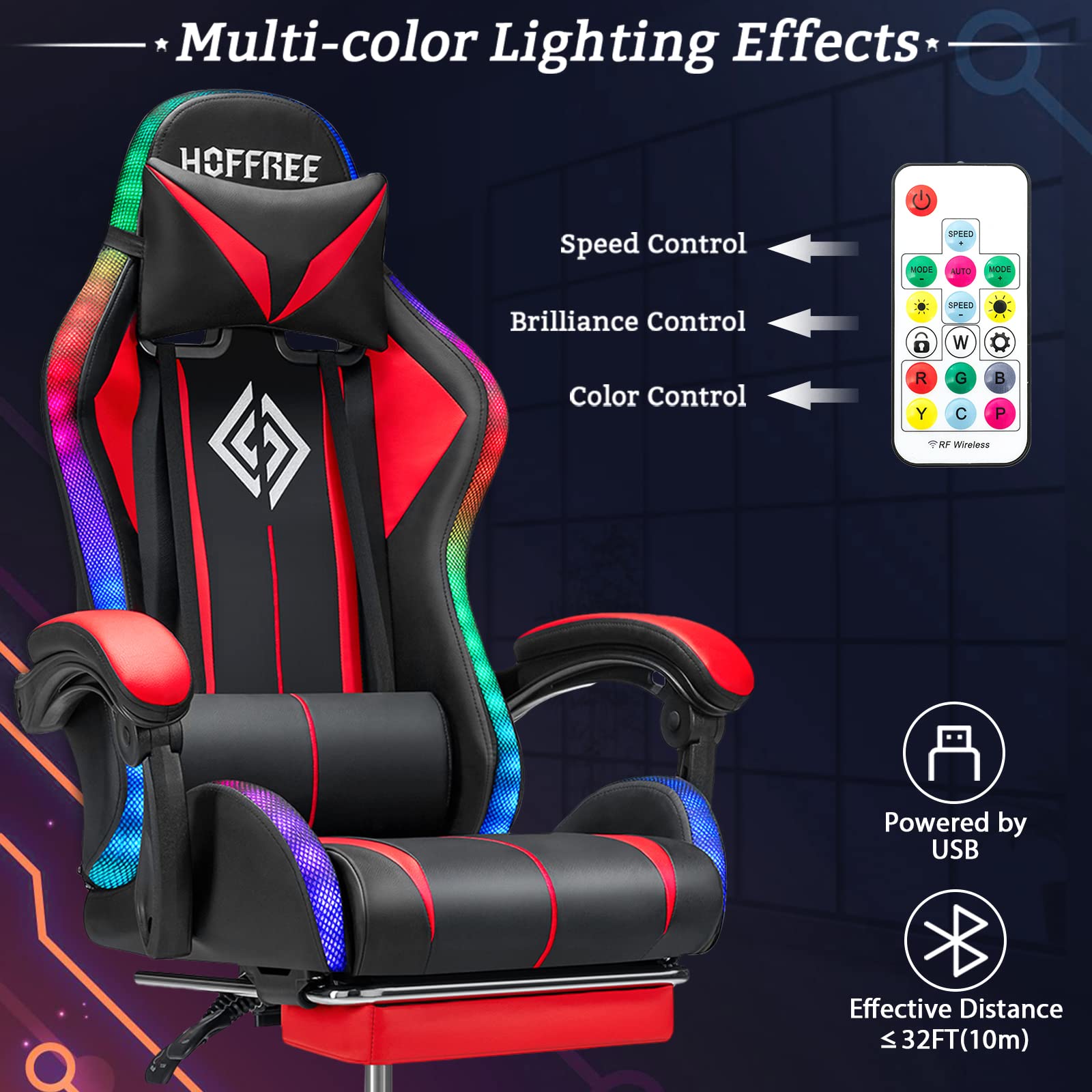RGB Gaming Chair with Bluetooth Speakers & LED Lights - Ergonomic Massage Computer Chair with Adjustable Footrest, High Back & Lumbar Support - Red & Black Gaming Throne for PC, Console & Streaming Setup