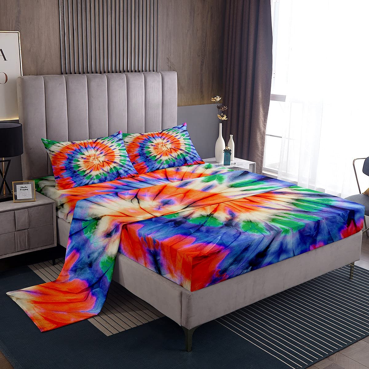 Tie Dye Bed Sheet Set - Colorful Bohemian Spiral Design 3-Piece Bedding (Twin Size) with Fitted Sheet, Flat Sheet & Pillowcase | Wrinkle & Fade Resistant | Perfect for Boho, Gypsy & Hippie Style Bedrooms