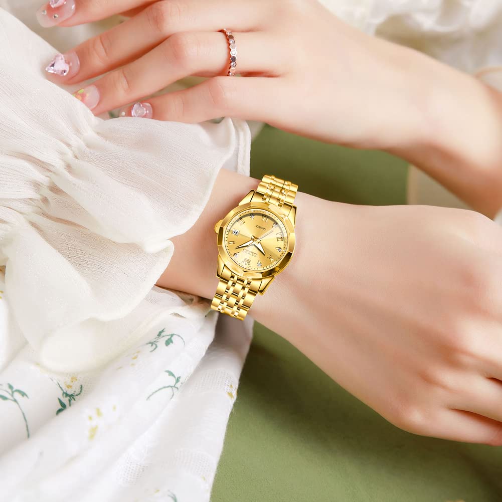 OLEVS Women's Gold Stainless Steel Waterproof Analog Watch with Date & Day - Small Face Quartz Ladies Watch - Fashion Gold, Black & White Dials - Perfect for Office, Party & Everyday Wear