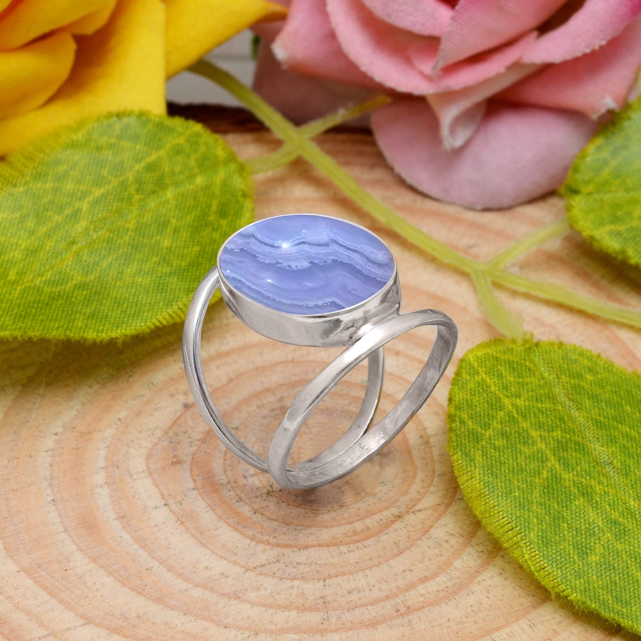 Veracity Jewelry 925 Sterling Silver Blue Lace Agate Ring for Women - Healing Meditation Gemstone Jewelry - Elegant Blue White Stone Ring for Spiritual Wellness & Fashion (VSR-421) | Perfect for Yoga, Meditation, and Everyday Wear