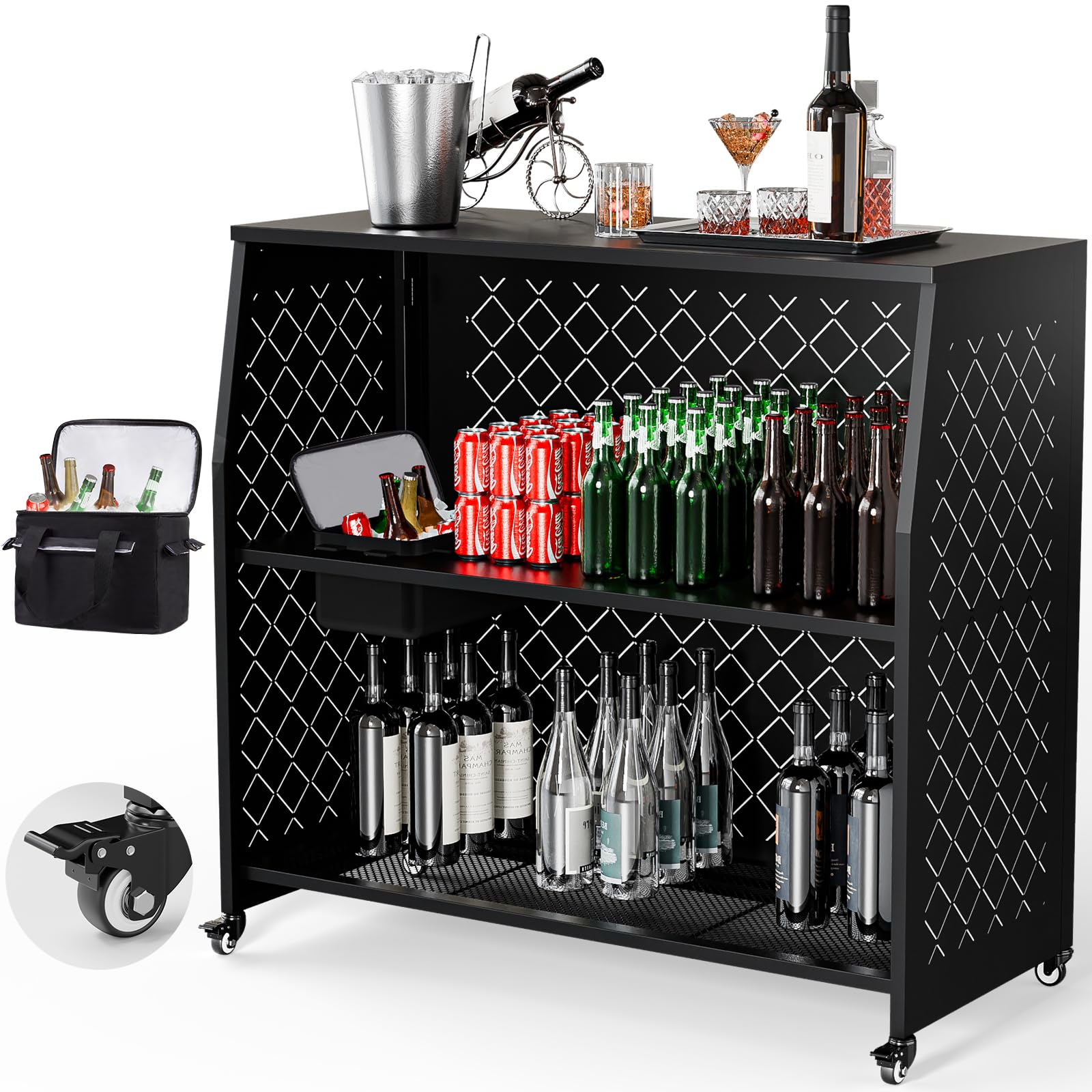 VINGLI 44 Inch Portable Bar Table with 3-Tier Shelves | Rolling Mobile Bar Cart for Home, Events & Commercial Use | Indoor Outdoor Party, Wedding, Trade Show & Backyard Entertaining