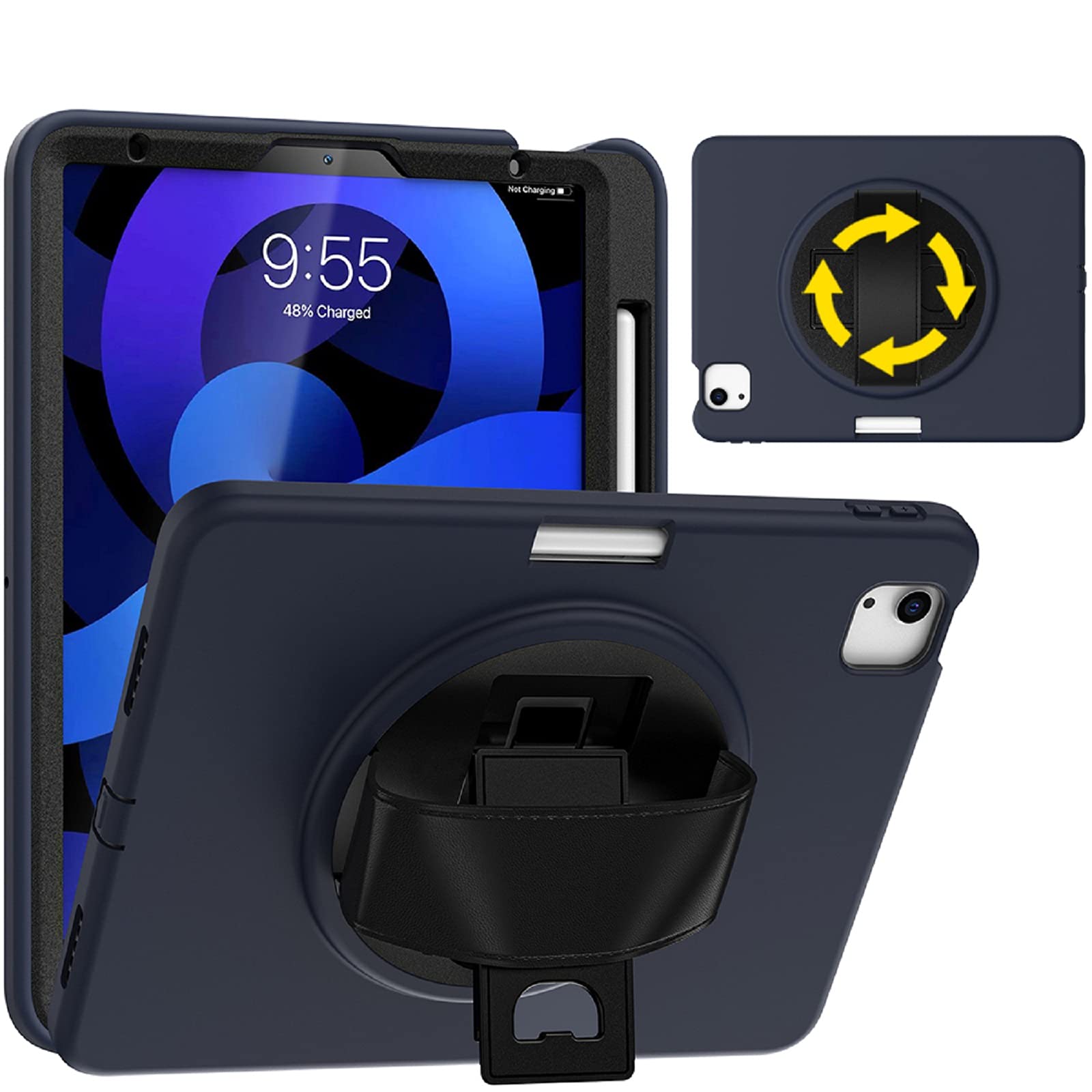 **Junfire iPad Pro 11 Case 2022 & iPad Air 5th Gen Case - Heavy Duty Protective Cover with Hand Strap, Pencil Holder & Kickstand | Supports 2nd Gen Apple Pencil Charging | Compatible with iPad 10.9/11 Inch (Navy Blue) | Perfect for Work, Travel & Outdoor Use**