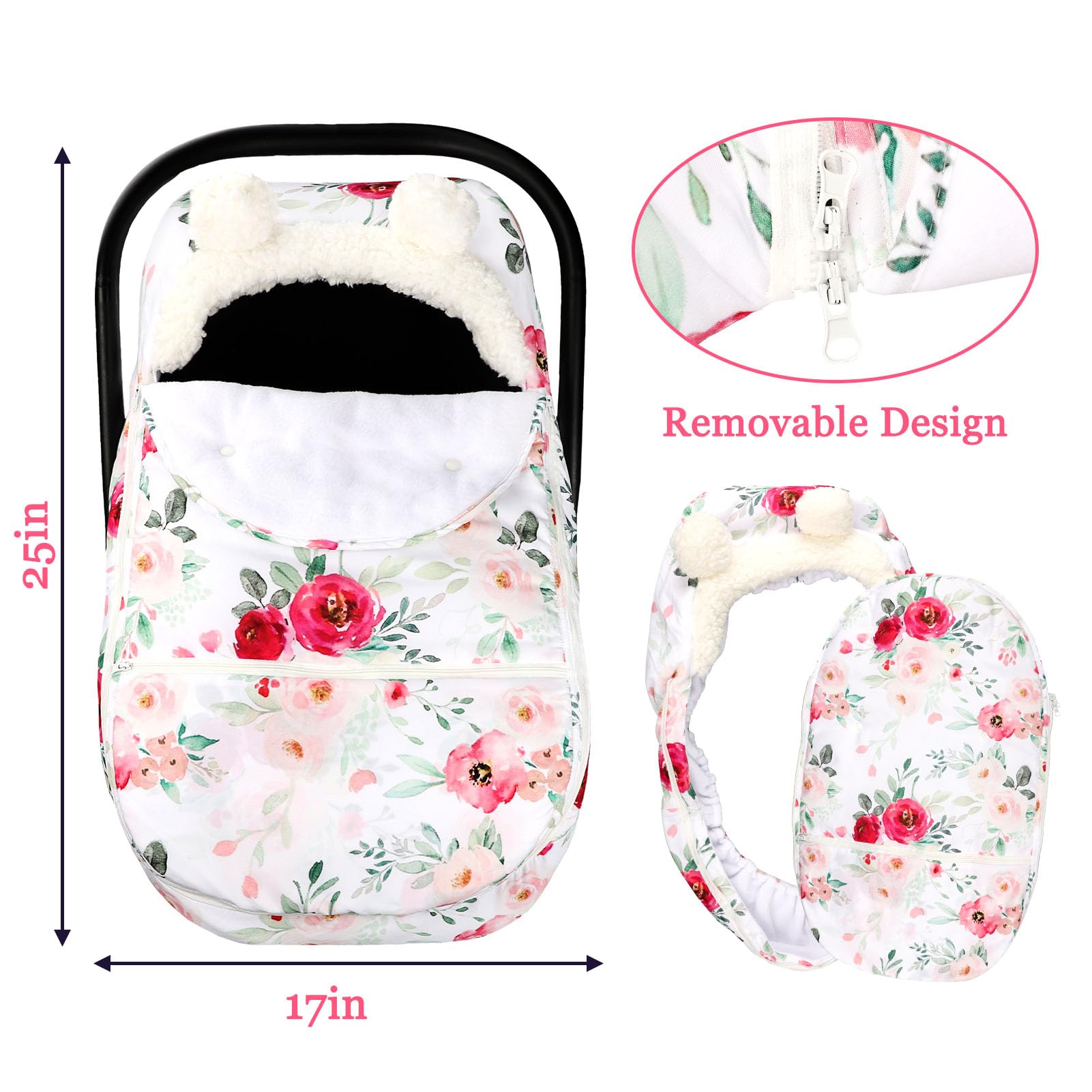 Universal Baby Car Seat Cover - Winter Warm & Cozy Zippered Canopy for Girls, Ultra-Soft Breathable Removable Design (Flower Pattern) - Perfect for Cold Weather Protection & Stylish Infant Travel