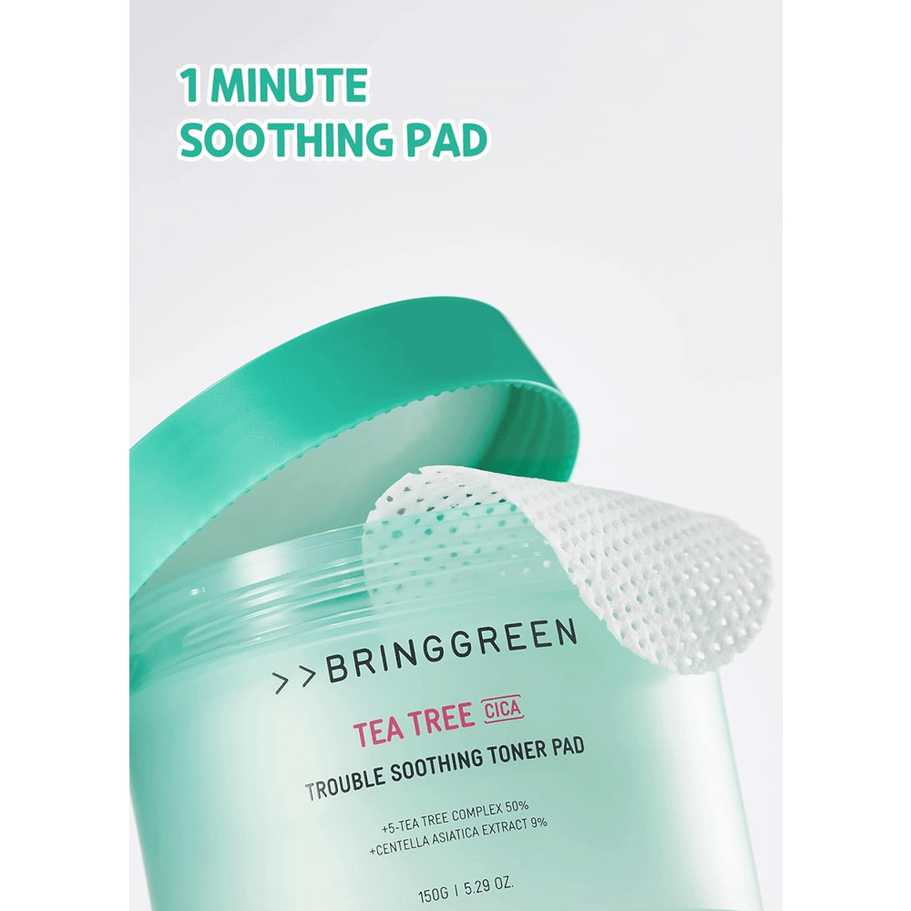 BRING GREEN Tea Tree Cica Trouble Soothing Toner Pad 90 Pads - Acne Treatment, Pore Care & Skin Calming Solution for Oily & Sensitive Skin - Perfect for Daily Skincare Routine & Post-Workout Refresh