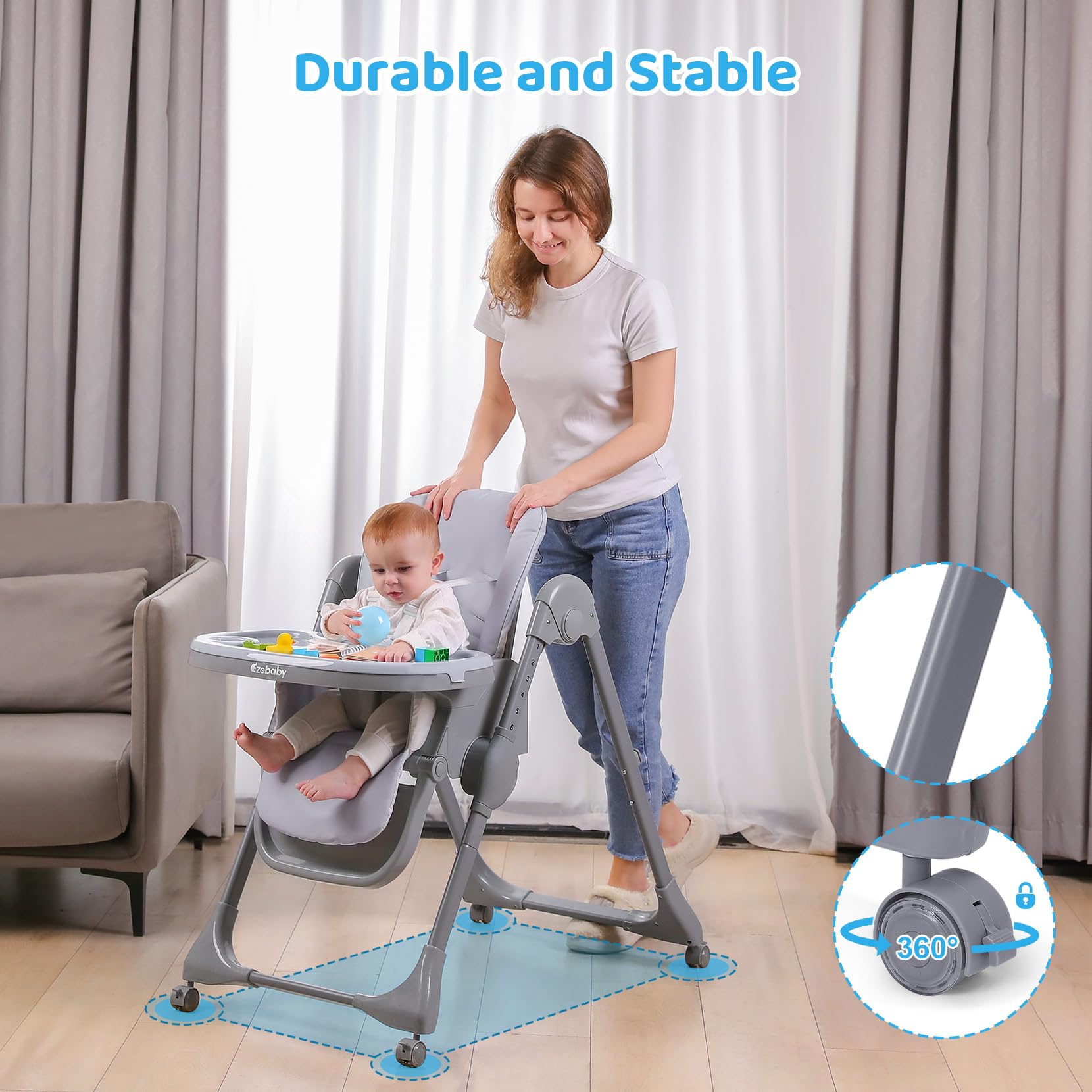 Ezebaby Adjustable Baby High Chair with Recline - Foldable, Convertible 2-in-1 Dining Booster Seat, Portable Toddler Chair with 4 Wheels & Toy Tray - Gray | Perfect for Home, Restaurants & Travel