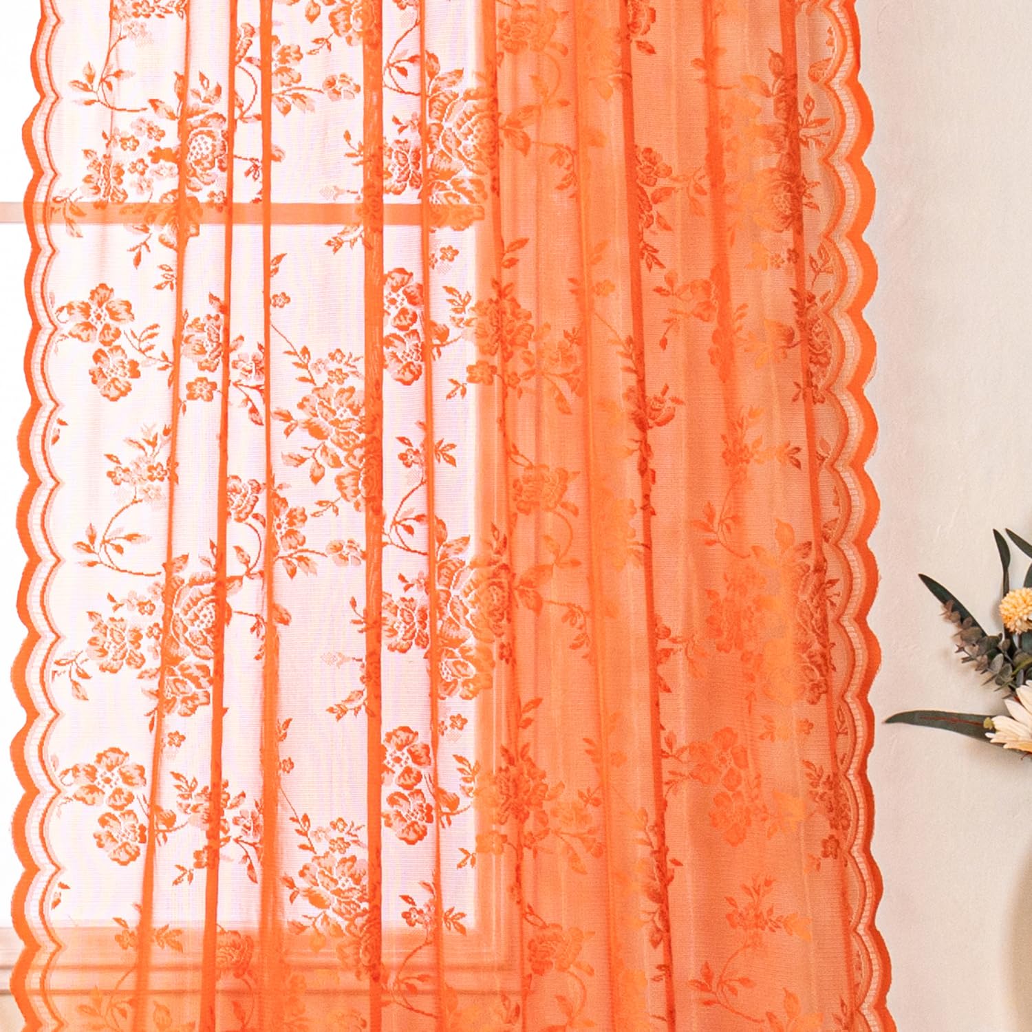 Burnt Orange Sheer Lace Curtains 52x45 Inch - 2 Panels, Rod Pocket Kitchen Window Curtains, Rustic Floral Design for Privacy & Style - Perfect for Country Homes, Bedrooms & Cozy Living Spaces