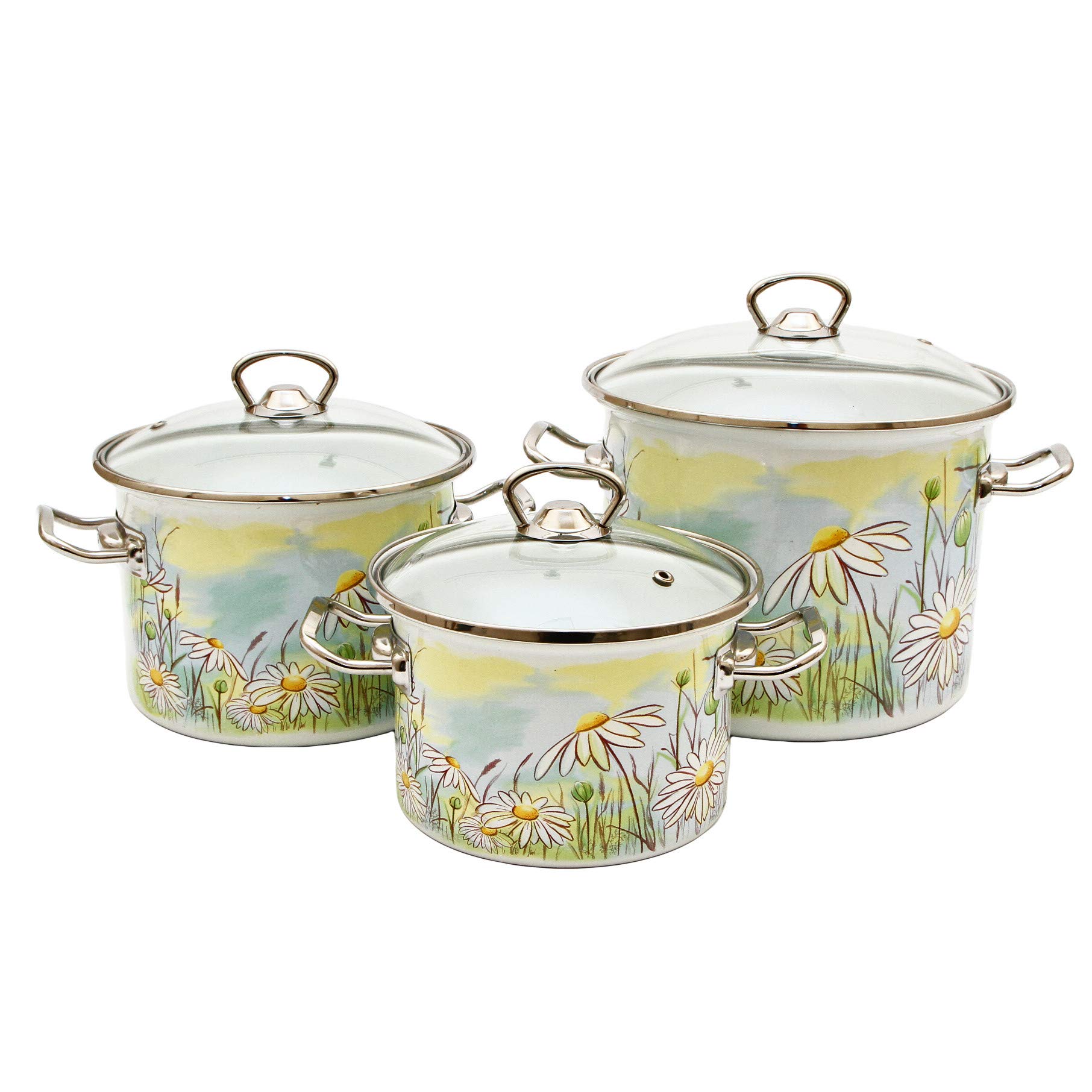 Daisy Fields Enameled Steel Stock Pot Set - 3-Piece Kitchen Cookware for Soup, Stew & Pasta | Stovetop & Oven Safe Cooking Pots