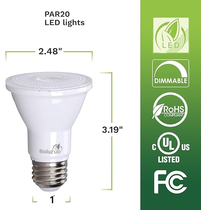 Bioluz LED PAR20 3000K Dimmable Light Bulbs - 5.5W (75W Equivalent), 90 CRI, Soft White Spot Light with E26 Base, 40° Beam Angle, UL Listed - Perfect for Home Lighting, Track Lighting, and Accent Lighting (Pack of 48)