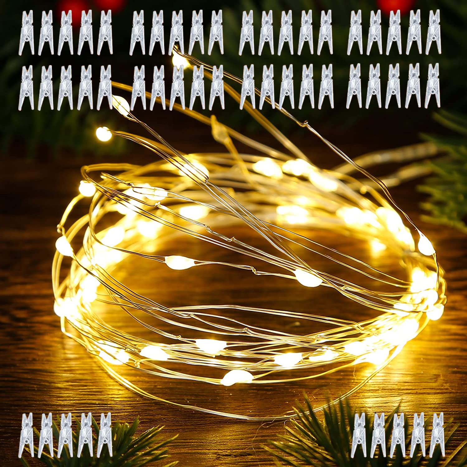 33FT USB LED Photo Clip String Lights - 100 Warm White Fairy Lights with 50 Clips for Wall Pictures | Indoor Bedroom Decor, Dorm Room, Wedding, Party & Christmas Decoration