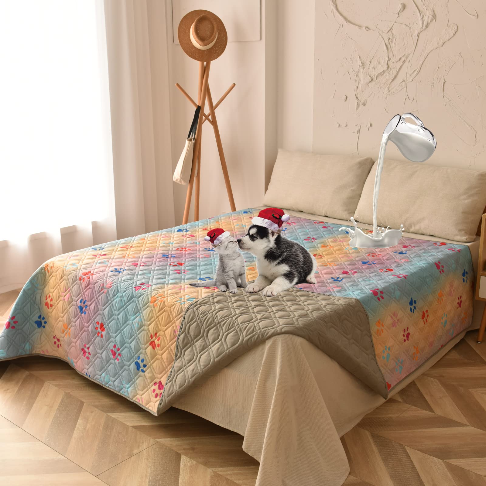 Waterproof Dog Bed Cover 68x82 Inch - Reversible Washable Pet Mat for Dogs & Cats - Geometric Embroidery Blanket with Rainbow Paw Print - Ideal for Camping, Travel & Home Use