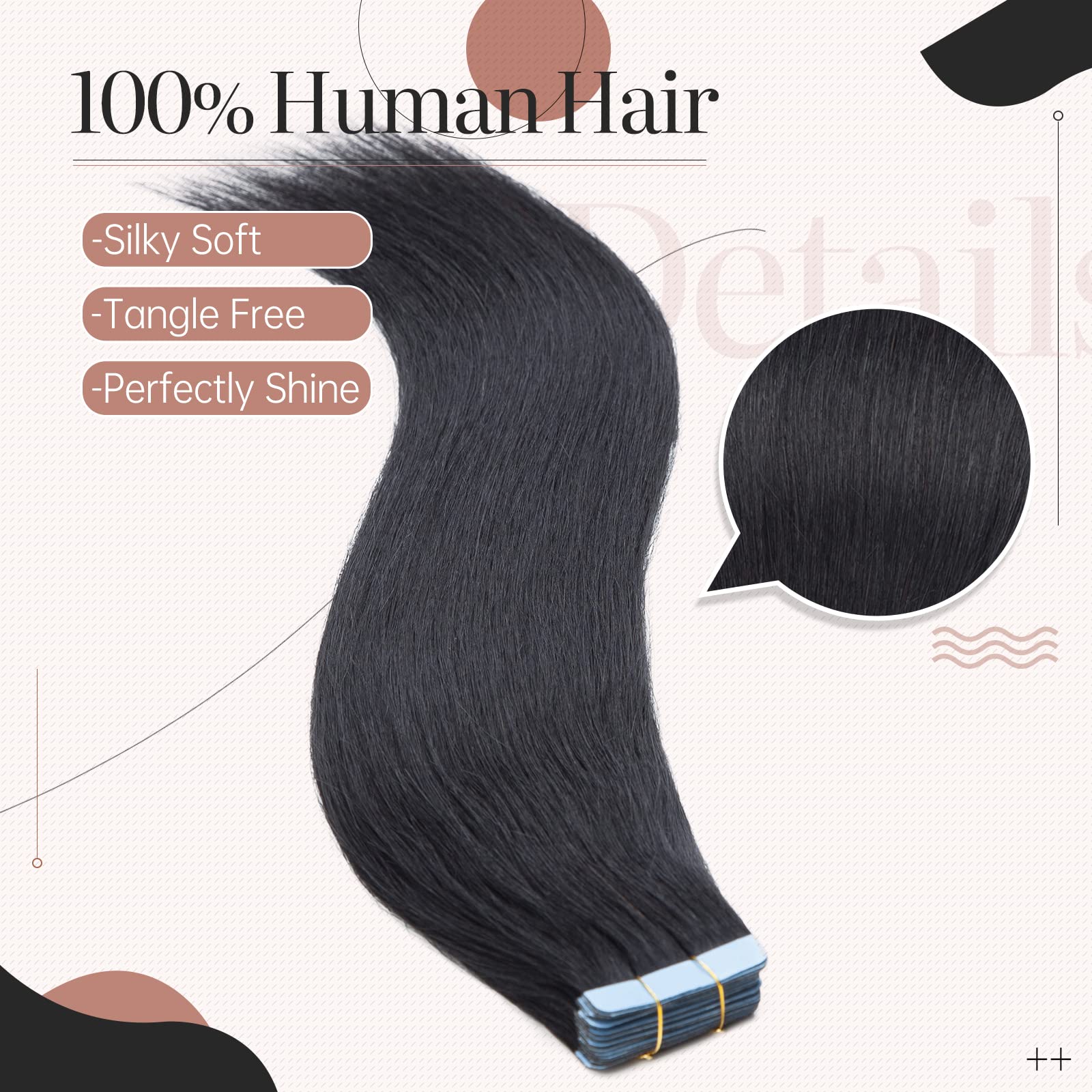 100% Remy Human Hair Silk-co Tape in Hair Extensions - 40 Pcs, 22'', Jet Black (#01) - Seamless Straight Skin Weft Hair Pieces (100g/Set) for Volume & Length - Perfect for Weddings, Parties & Daily Styling