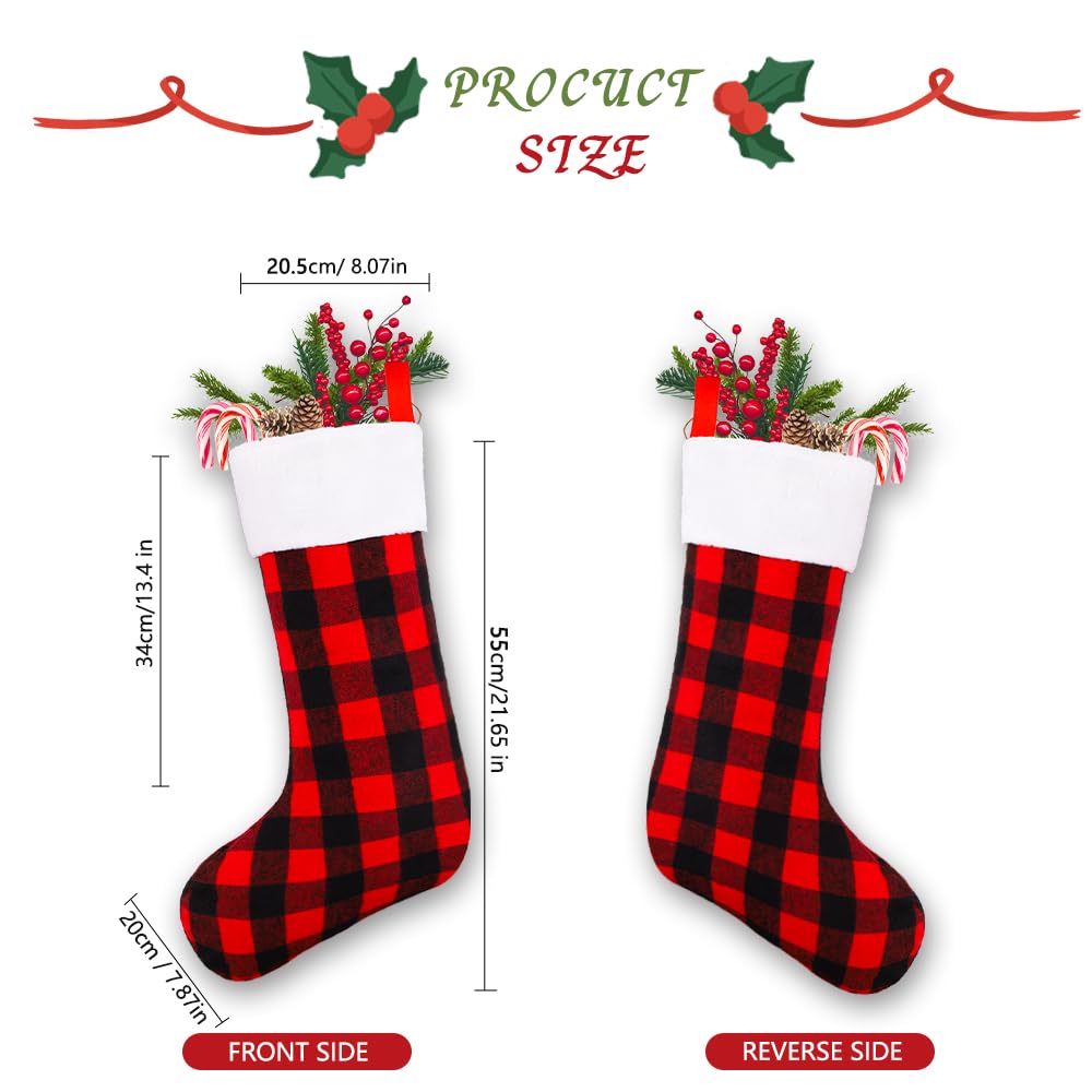 YUJUN 6 Pack 22 Inch Christmas Stockings - Large Buffalo Plaid Holiday Stockings in Black & Red for Fireplace, Tree & Party Decor | Perfect for Family Christmas Celebrations & Festive Home Decorations
