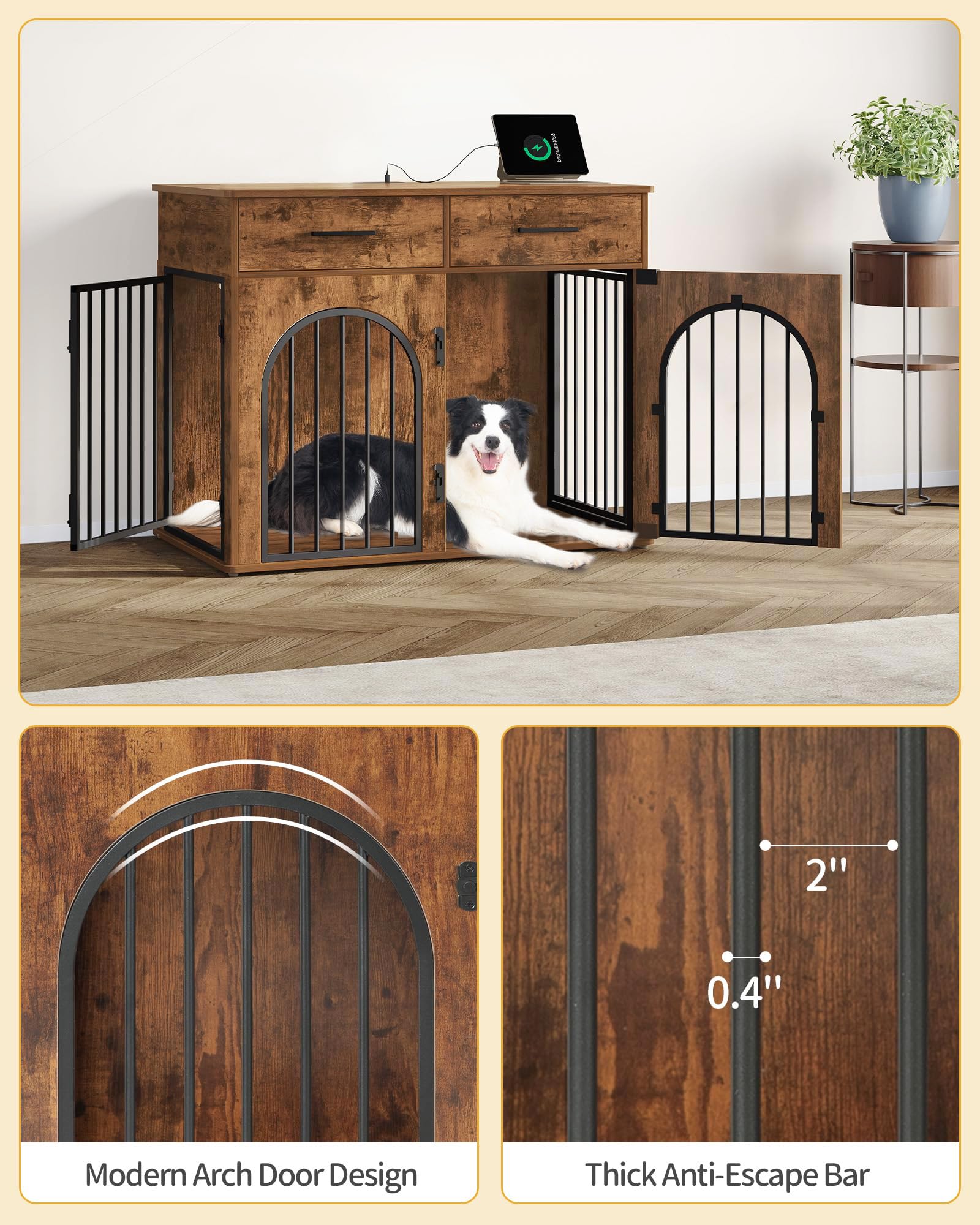 39.4'' Rustic Brown Wooden Dog Crate Furniture with 2 Drawers & Charging Station - Indoor Kennel for Medium/Large Dogs, Multi-Functional Side End Table - Perfect for Living Room, Bedroom or Office Pet Space