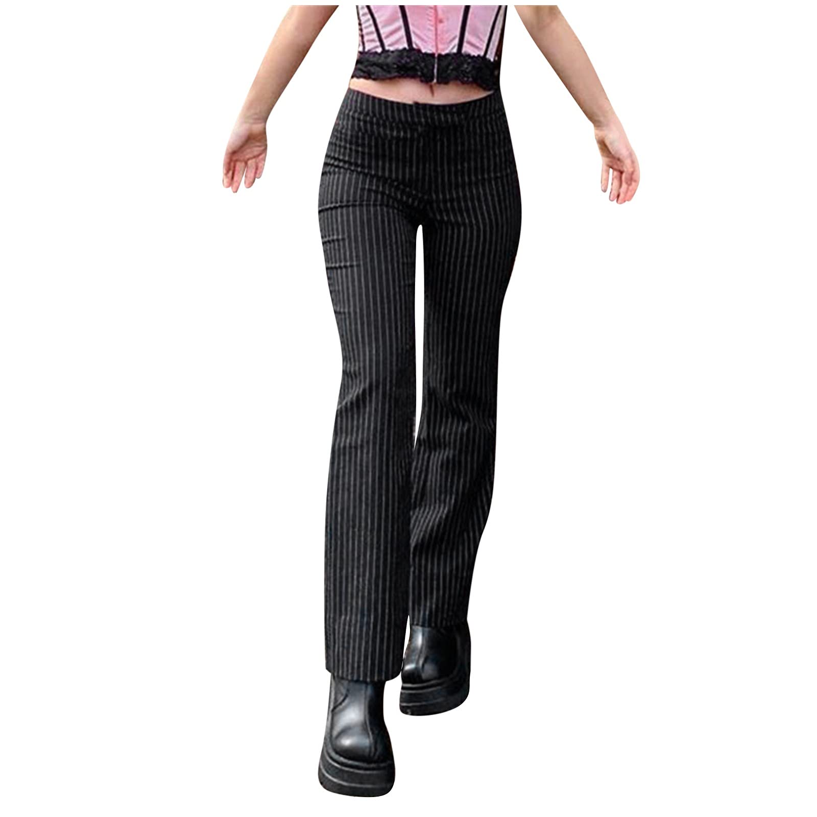 Vintage Skinny Women's Waist Mid Pants - Casual Striped Straight Leggings with Drawstring & Pockets | Perfect for Work, Travel & Everyday Wear