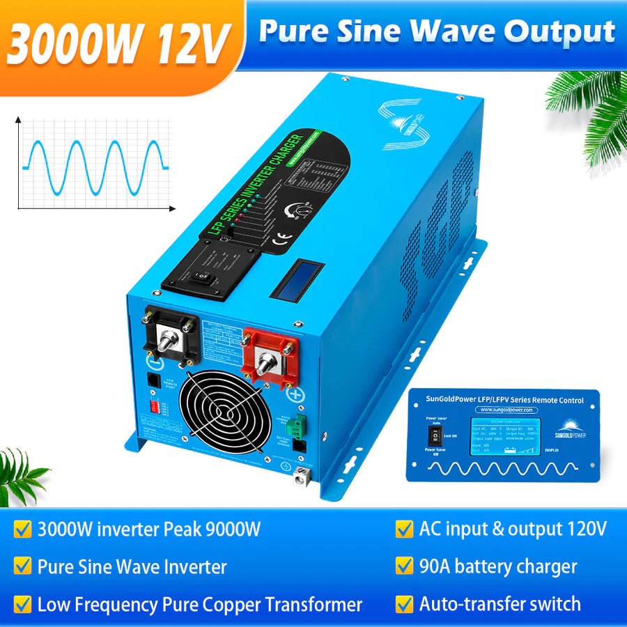 SunGoldPower 3000W 12V Pure Sine Wave Power Inverter with Built-in Charger - Perfect for RVs, Boats, Off-Grid Solar Systems & Emergency Power Backup