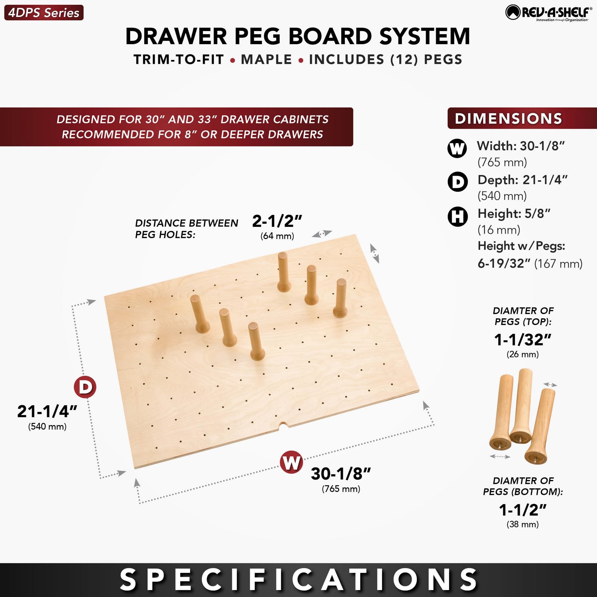 Rev-A-Shelf Adjustable Pegboard Drawer Organizer - Customizable Wooden Kitchen Cabinet Storage for Utensils, Pots & Dishes - 30