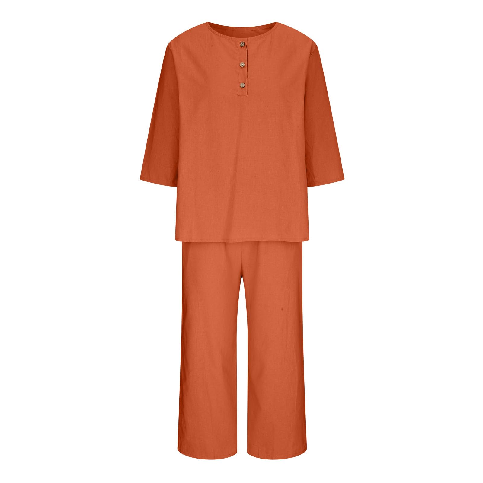 Oelaio 2024 Women's Plus Size Summer 2-Piece Outfit - Cotton Linen 3/4 Sleeve Shirt & Wide Leg Pants Lounge Set, Solid Color Trendy Travel Vacation Outfit for Casual Wear, Beach, and Relaxation