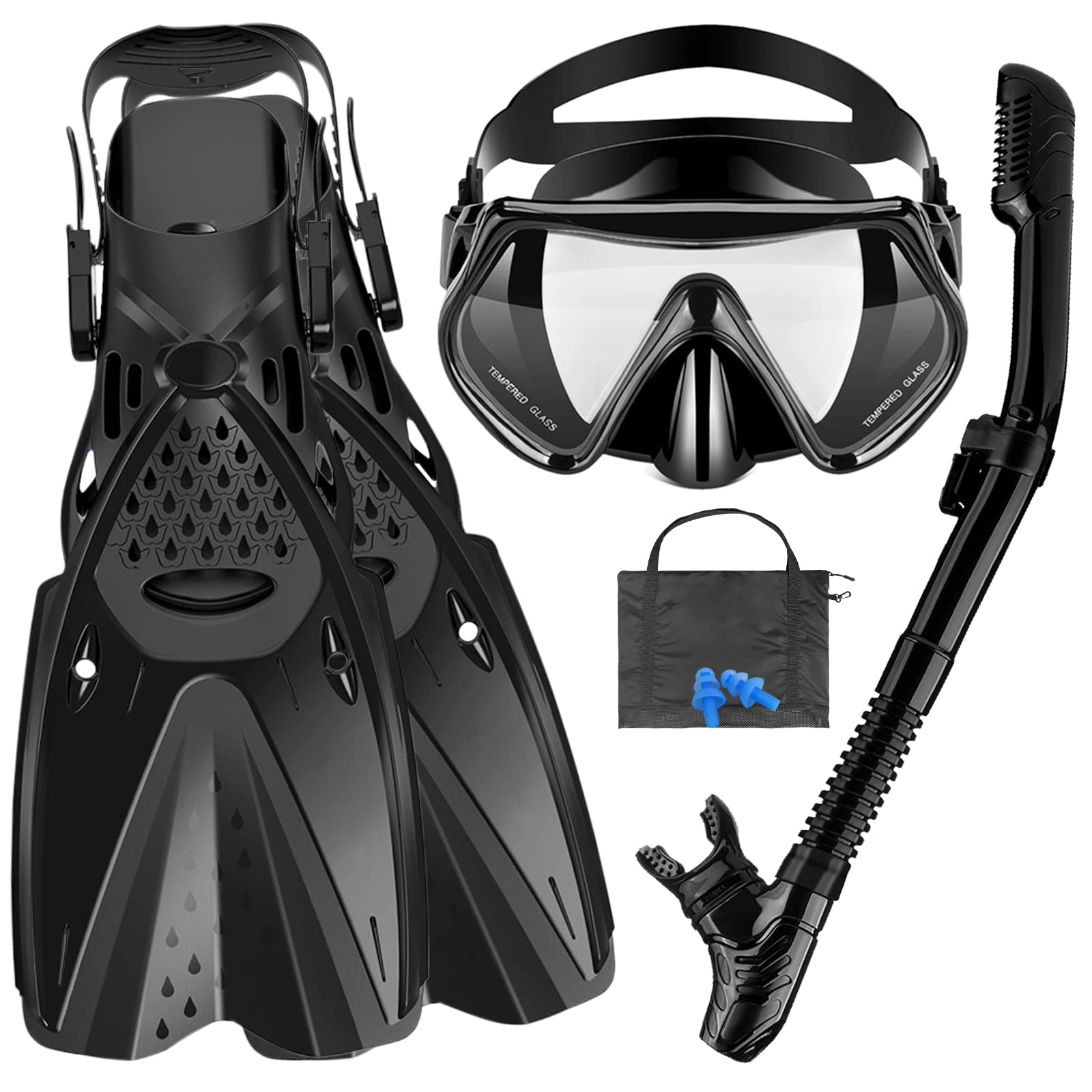 Premium Snorkeling Set for Adults - Anti-Fog Swim Mask, Adjustable Flippers, Dry Top Snorkel & Gear Bag - Complete Snorkeling Kit with Earplugs for Ocean Adventures, Beach Vacations & Underwater Exploration