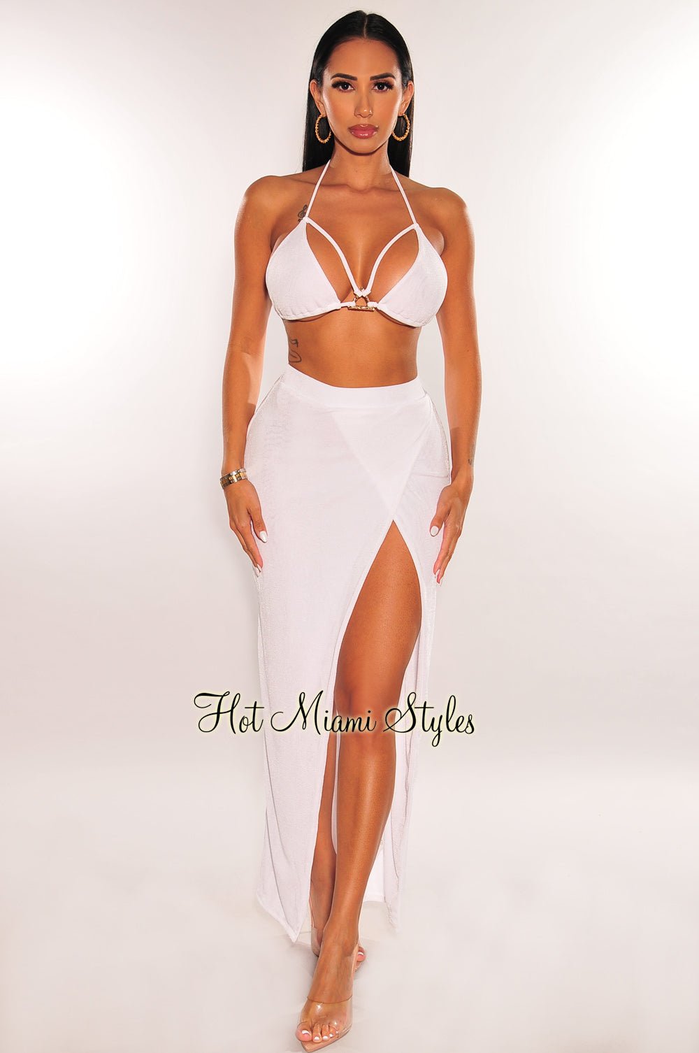 White Gold Ring & Triangle Top Slit Skirt 2-Piece Set - Elegant Women's Fashion Outfit for Date Night & Special Occasions