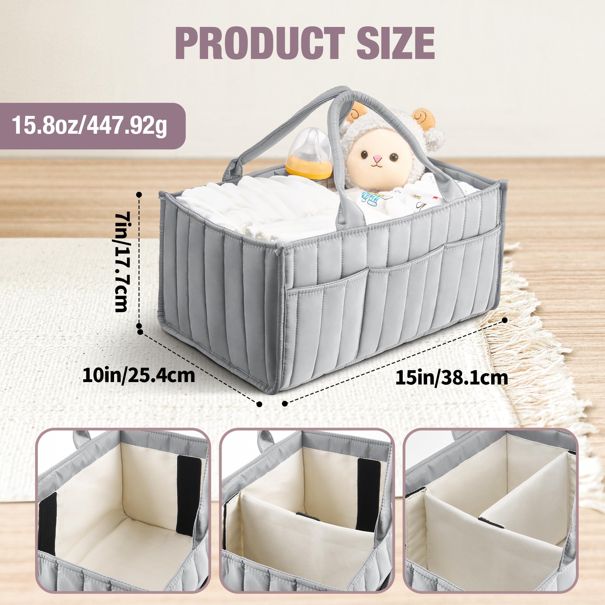 Starry Sky Grey Diaper Caddy Organizer with Handles & Removable Dividers - Portable Diaper Storage Bag for Car, Nursery & Travel - Baby Essentials Organizer Basket & Tote for Easy Storage & Organization