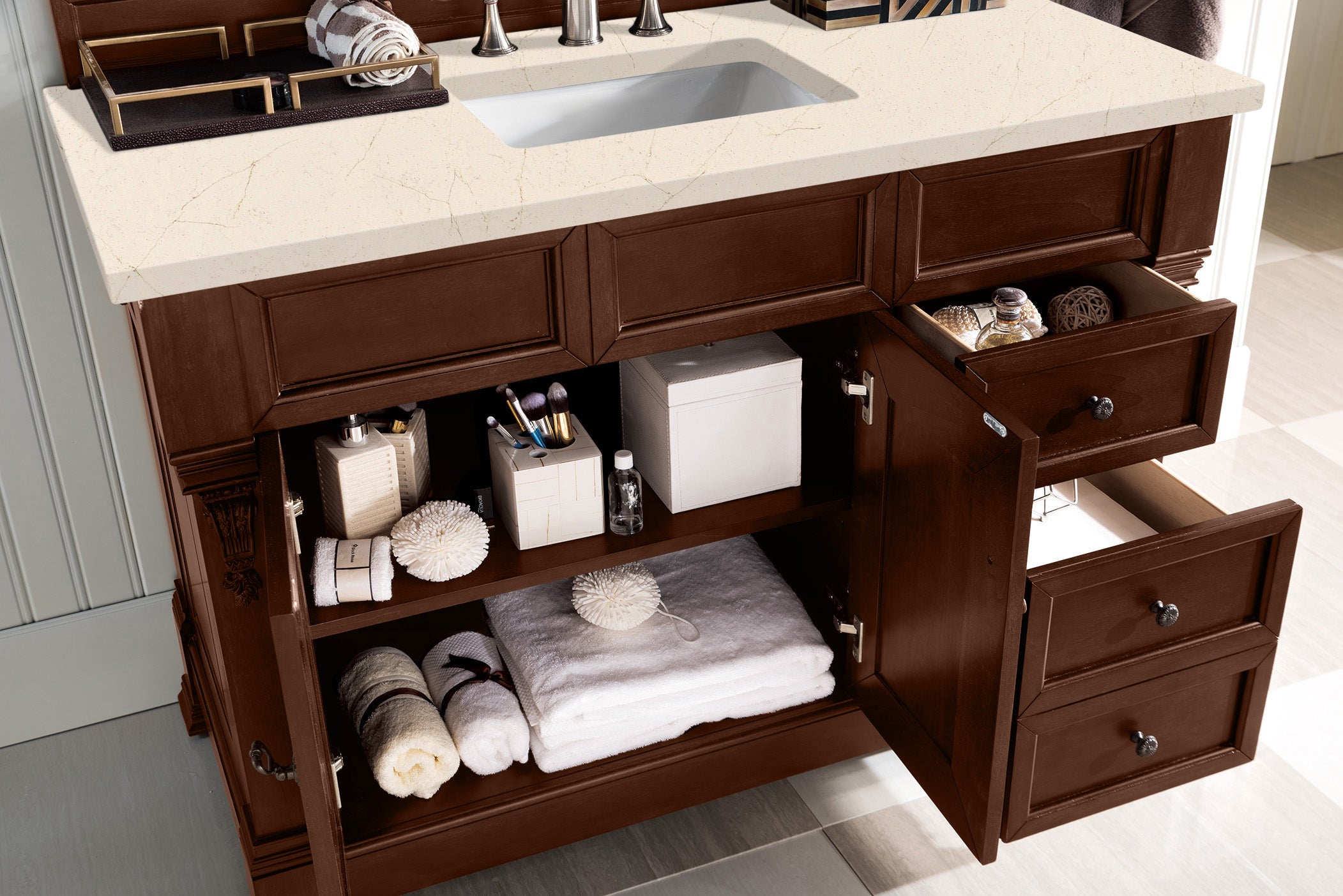 Brookfield 48 Inch Single Bathroom Vanity with Warm Cherry Finish & 3CM Eternal Marfil Quartz Countertop - Perfect for Modern Master Bathrooms and Guest Bath Remodels