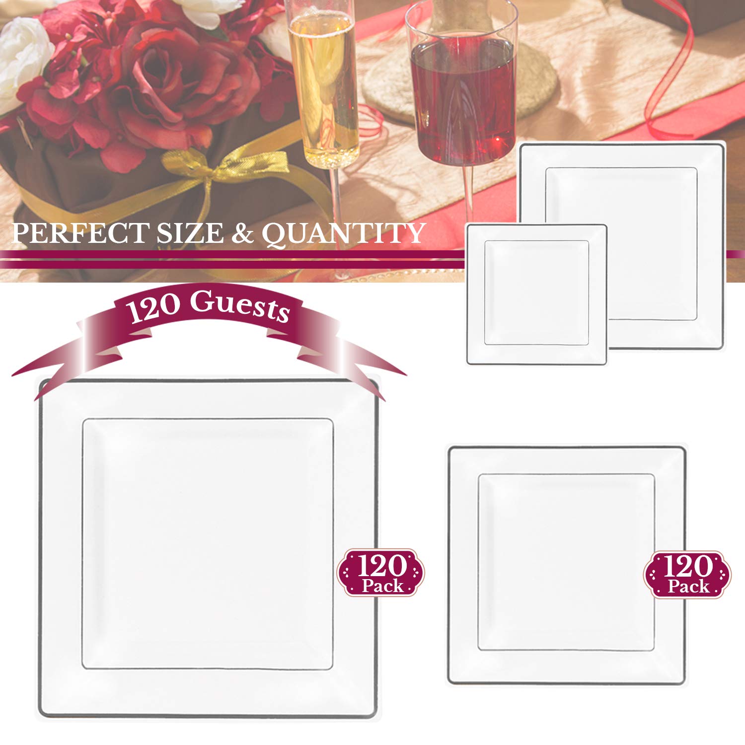 Premium Heavy Duty Disposable Plastic Dinnerware Sets - Elegant Square Plates for Weddings, Birthdays & Special Events (White with Silver Trim, 120-Piece Combo Set) | Perfect for Catering, Party Decor & Large Gatherings