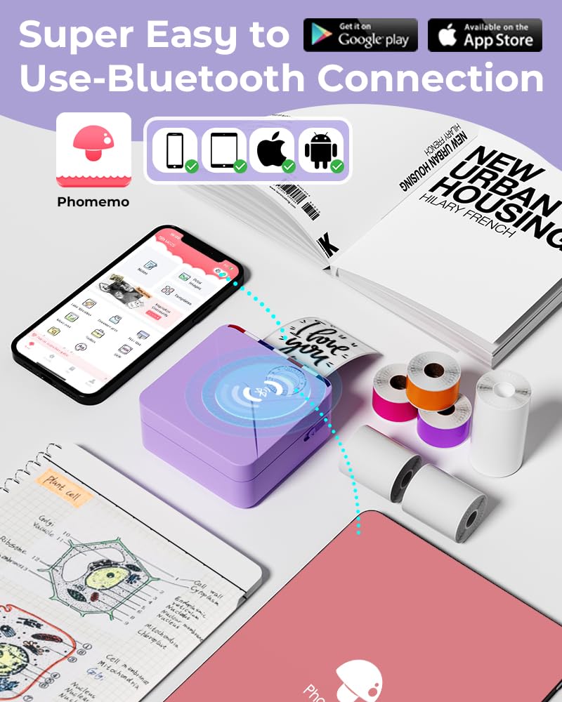 Phomemo Pocket Printer - 300dpi Bluetooth Inkless Mini Sticker Maker for DIY, Photos & Study Notes | Includes 6 Paper Rolls (Purple) | Perfect for Scrapbooking, Journaling & School Projects