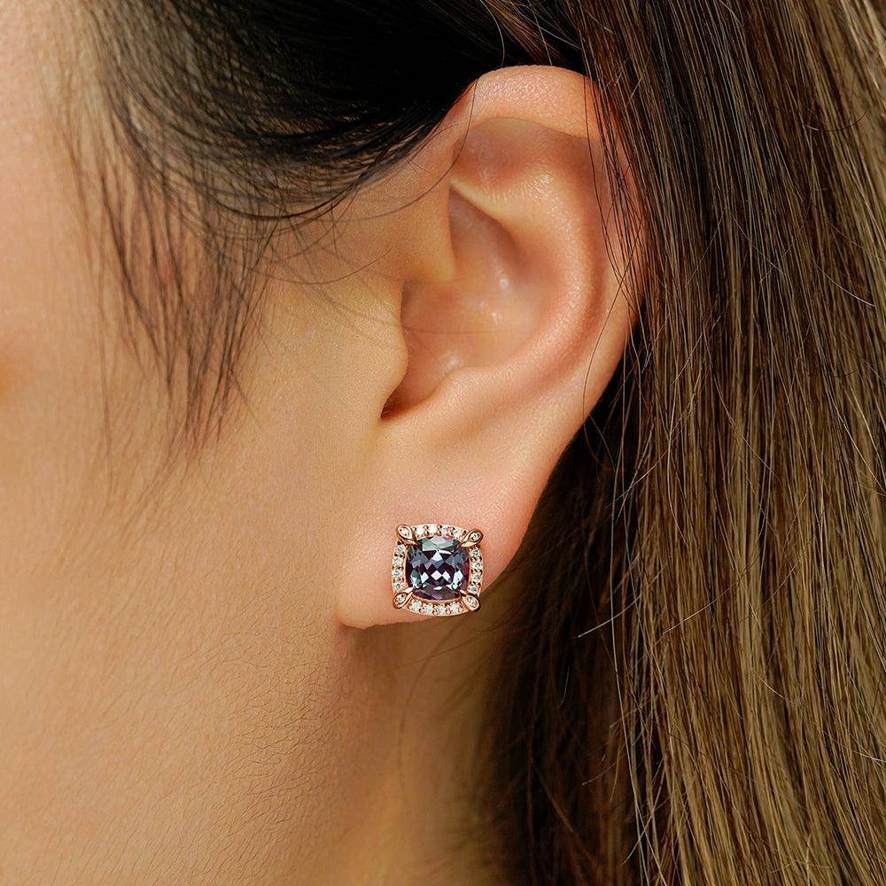 4 Ctw Cushion Cut Alexandrite Moissanite Pave Stud Earrings for Women | Genuine Lab-Created Gemstone Jewelry | Perfect for Weddings, Anniversaries & Special Occasions