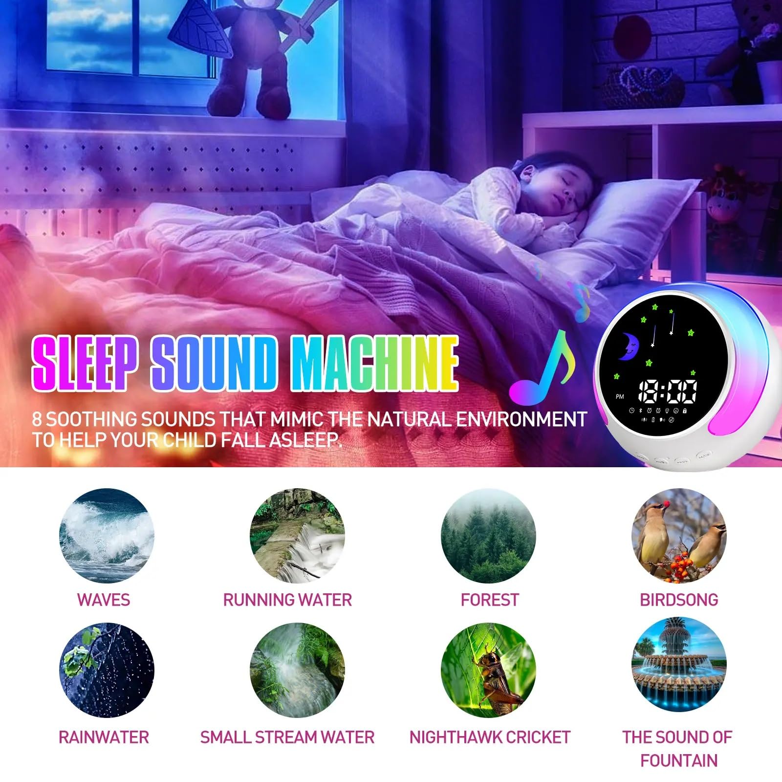 Smart Alarm Clock with Bluetooth, Night Light & White Noise Machine - Kids Sleep Trainer for Day & Night - Perfect for Nursery, Bedroom & Travel