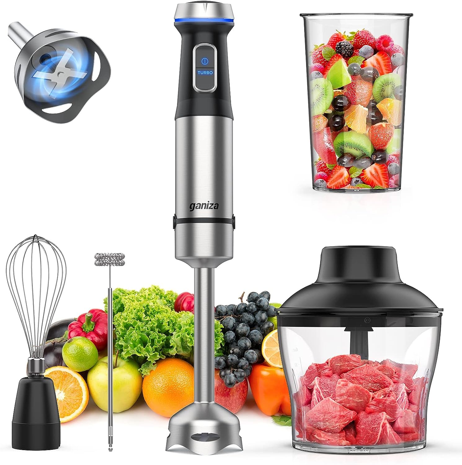 Ganiza 800W Immersion Blender - 15 Speed Electric Hand Blender with Turbo Mode, Stainless Steel Blade, 5-in-1 Stick Mixer (Milk Frother, Egg Whisk, Chopper & Beaker Included) - Perfect for Smoothies, Soups, Sauces & Baking at Home
