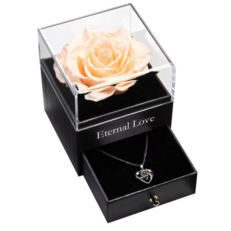 Tiaronics Preserved Rose Drawer with 'I Love You' Necklace in 100 Languages - Handmade Fresh Rose Jewelry Set | Romantic Gift for Valentine's Day, Mother's Day, Anniversary | Perfect for Proposals, Date Nights & Special Occasions
