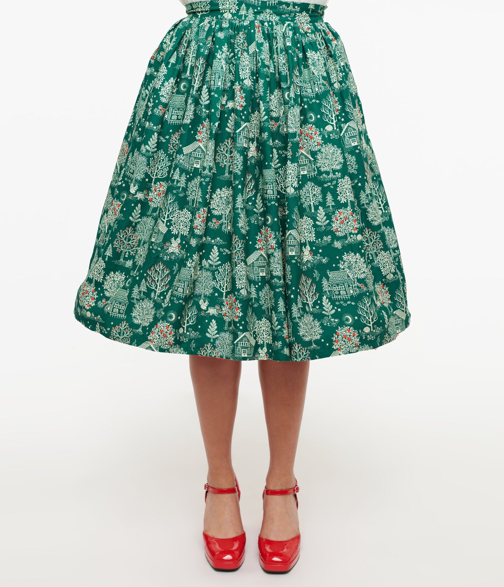 Vintage 1950s Green Winter Print Gellar Swing Skirt - Retro Flared A-Line Skirt for Women - Perfect for Holiday Parties, Christmas Outfits & Vintage Fashion Lovers