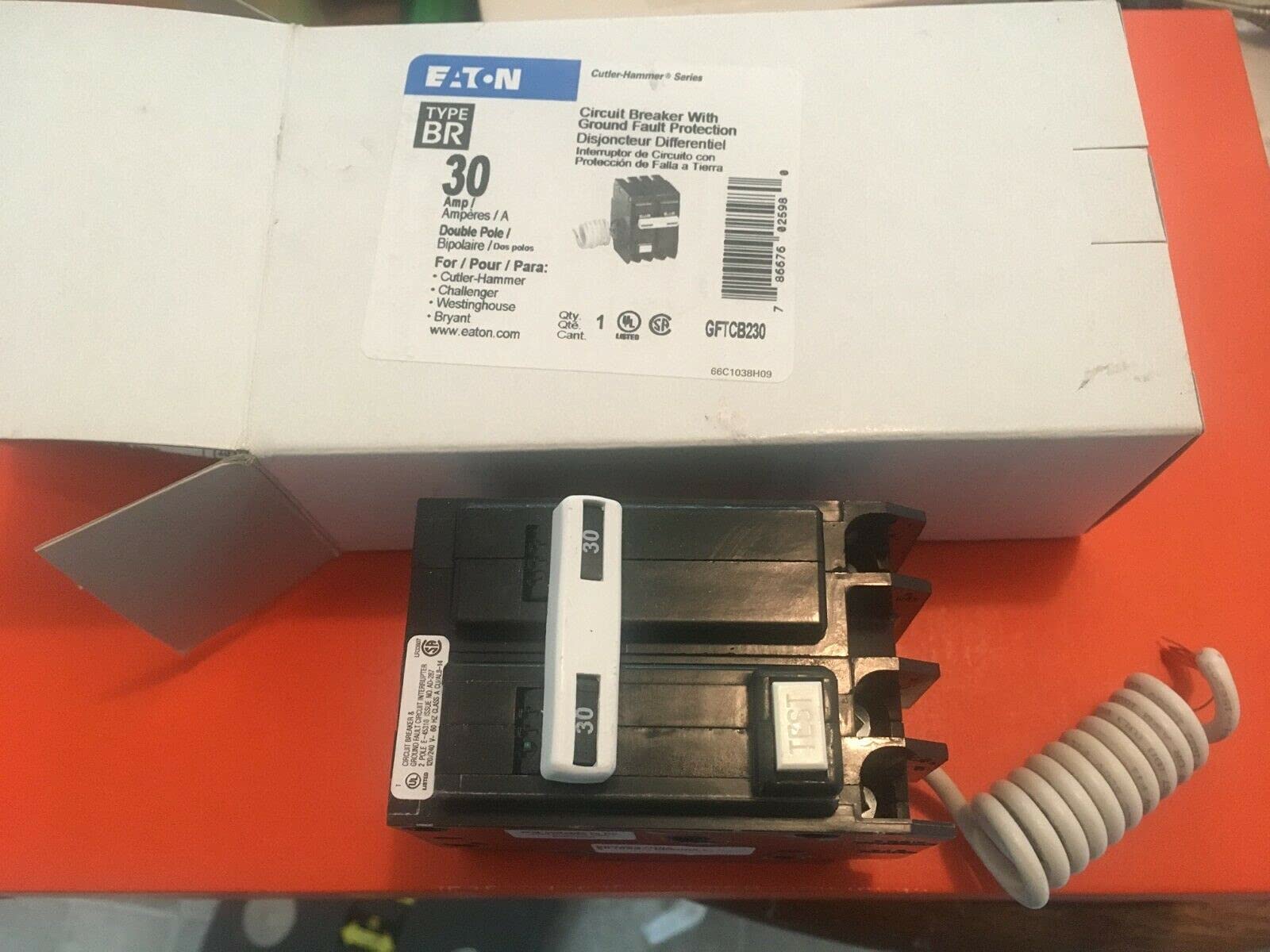 Cutler Hammer GFTCB230 30 Amp 2-Pole GFCI Circuit Breaker - GFTCB Series for Electrical Safety in Homes, Offices & Workshops