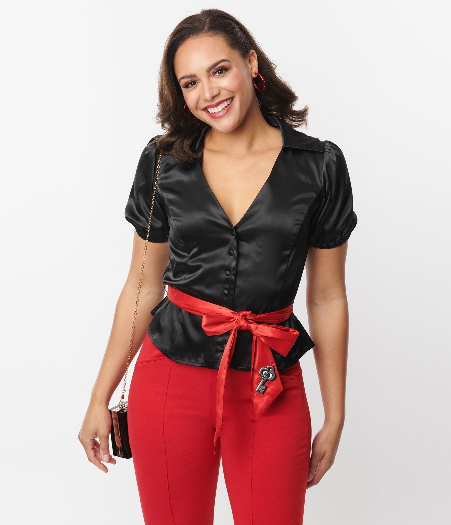 Vintage Black & Red Lock & Key Sashed Blouse - Retro Style Women's Top for Date Night & Special Occasions
