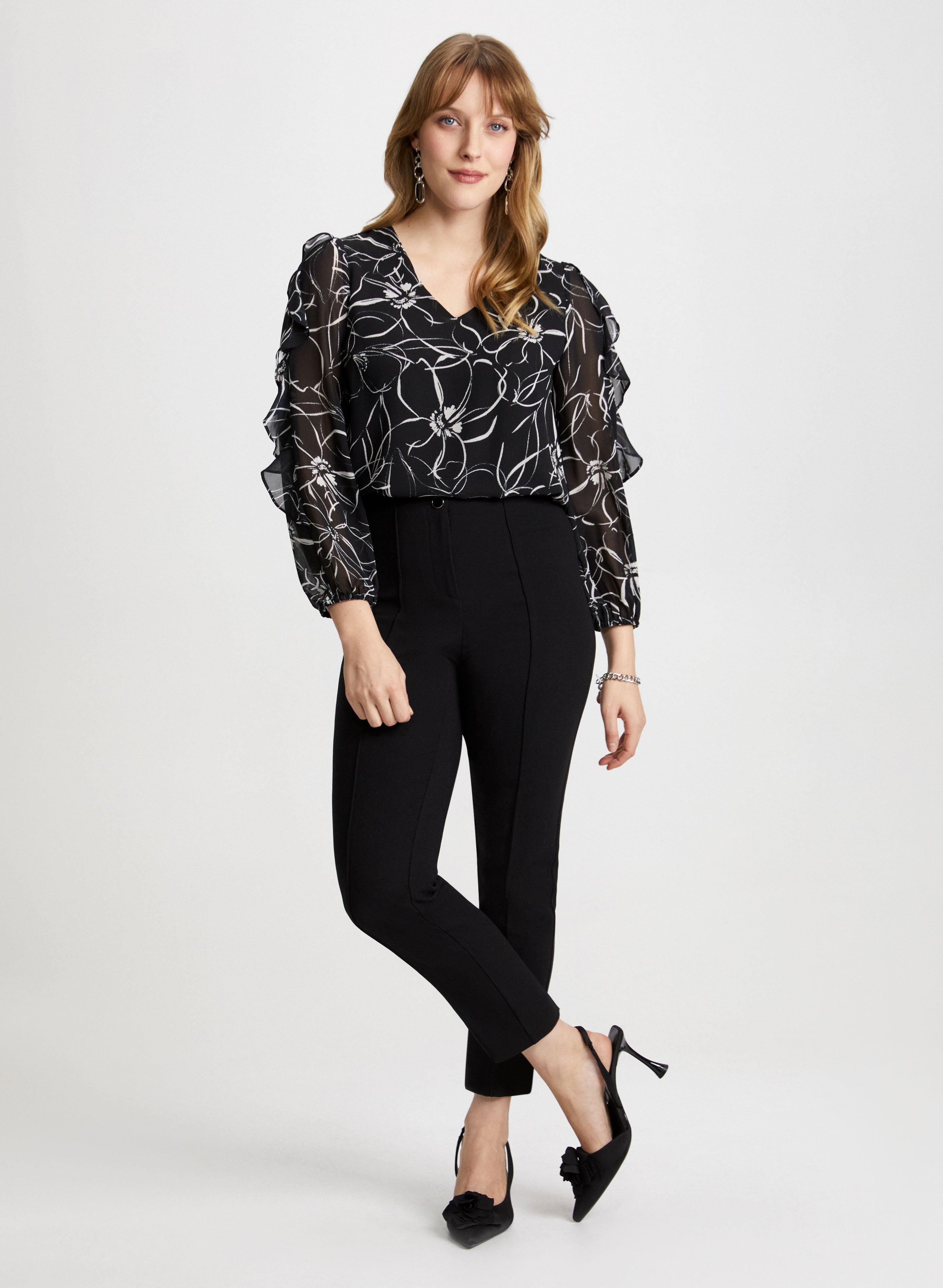 Floral Print Blouse and Slim Leg Pants Set - Women's Elegant Office Wear & Casual Outfit for Work, Date Night, and Spring Fashion