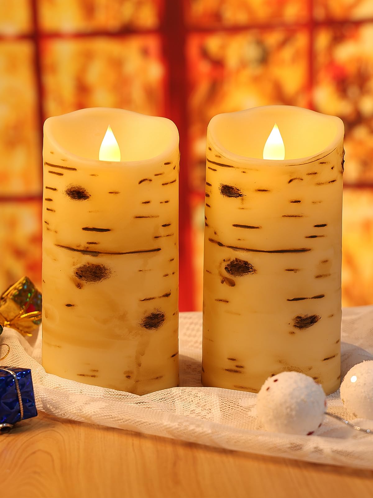 Flameless LED Candles with Timer - 2 Pack Realistic Birch Grain Battery Operated Fake Candles (3.25